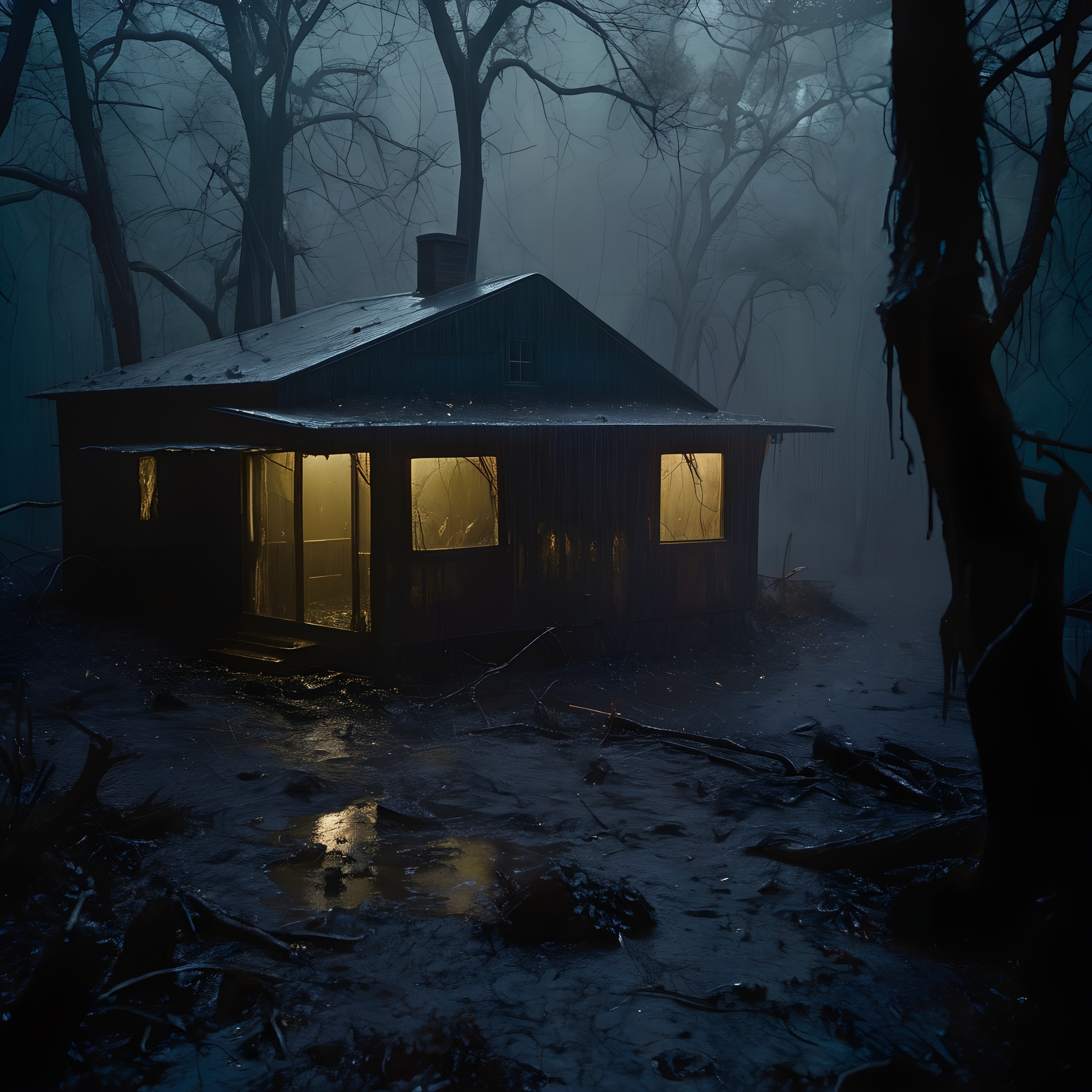 Mysterious cabin glowing in dark, foggy forest.