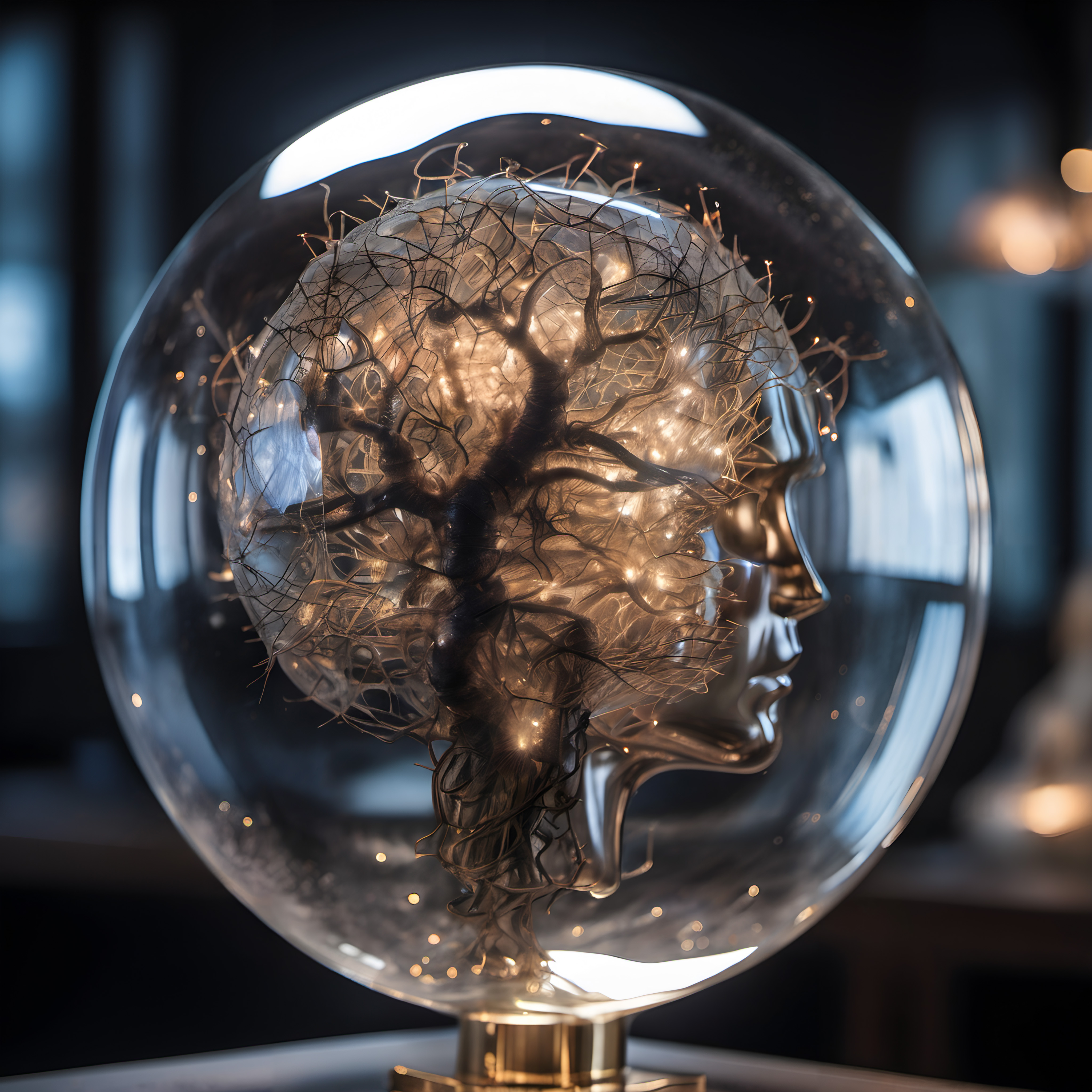 A transparent sphere with illuminated neural pathways and face profile sculpture.