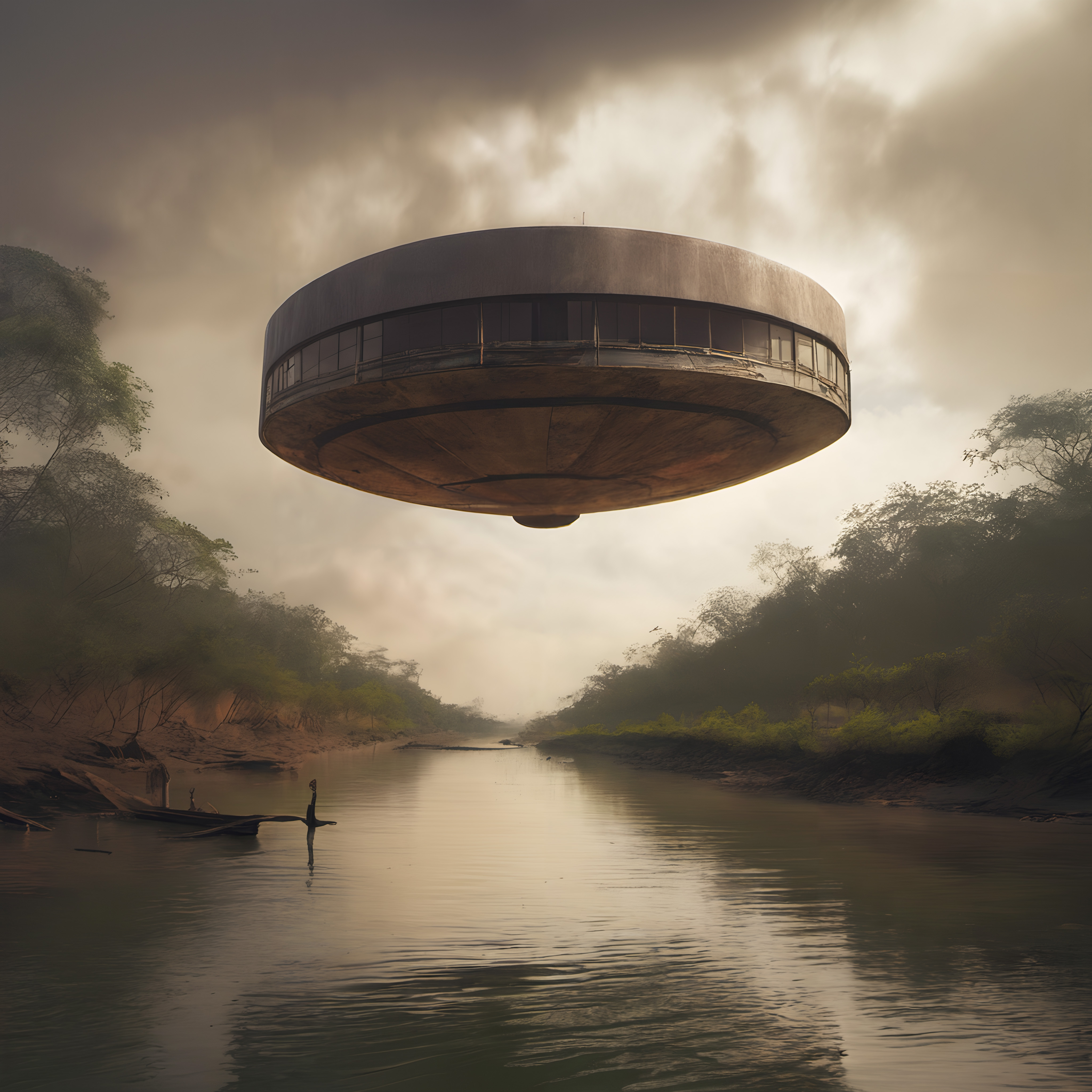Futuristic Disc Hovering Over River