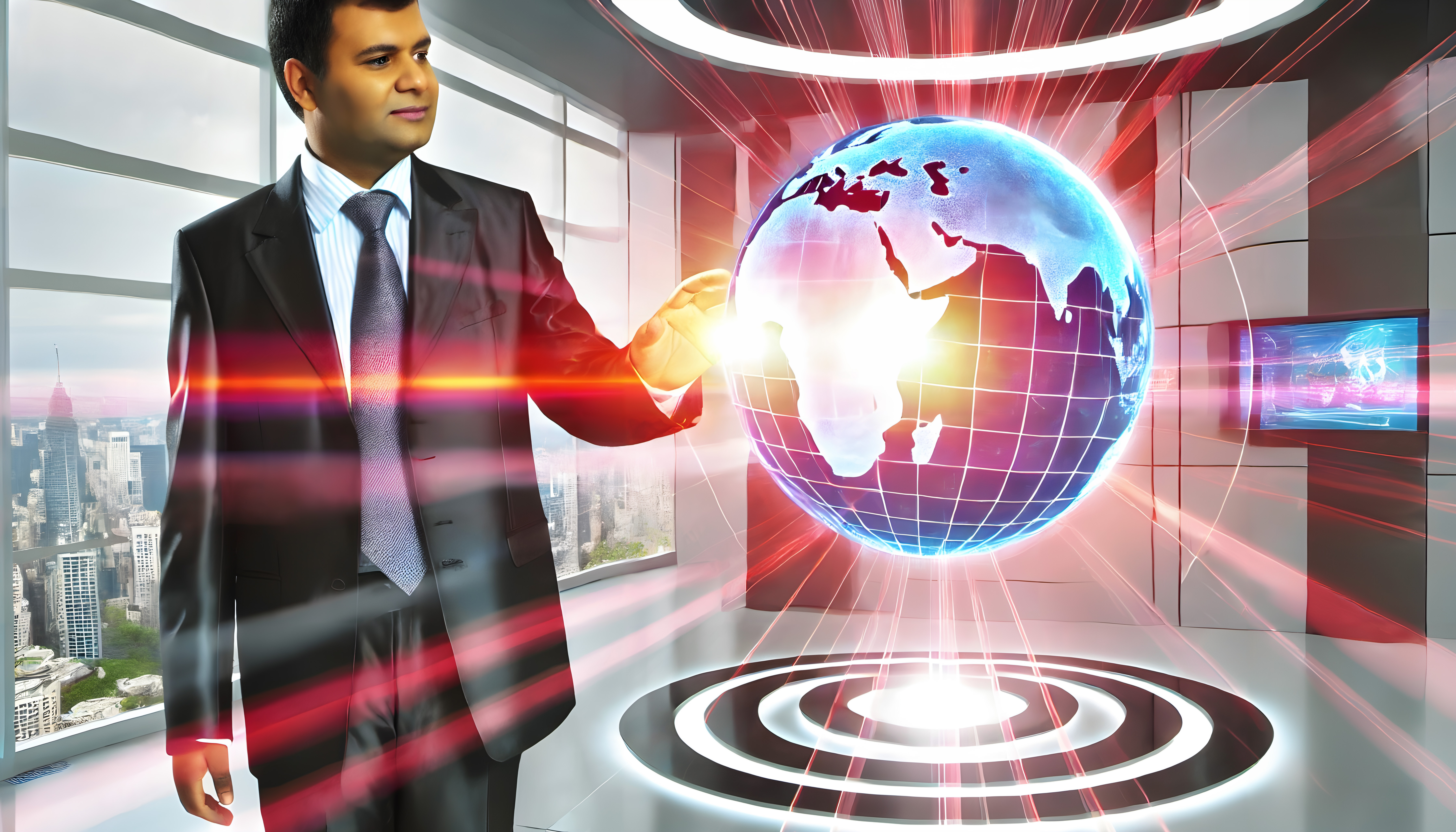 Futuristic Office with Holographic Globe