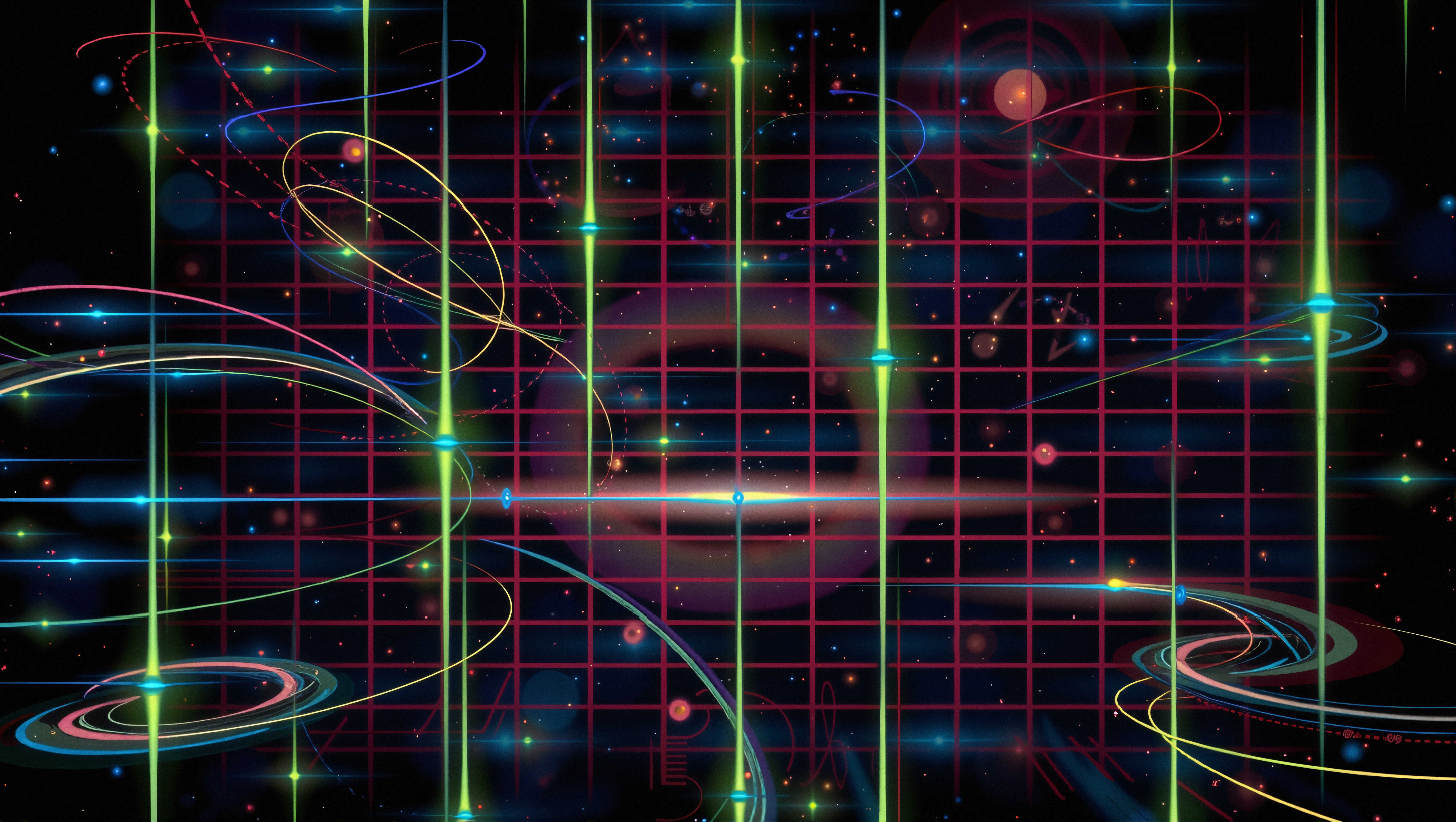 A digital artwork featuring a colorful, dynamic grid and cosmic elements on a black space backdrop.