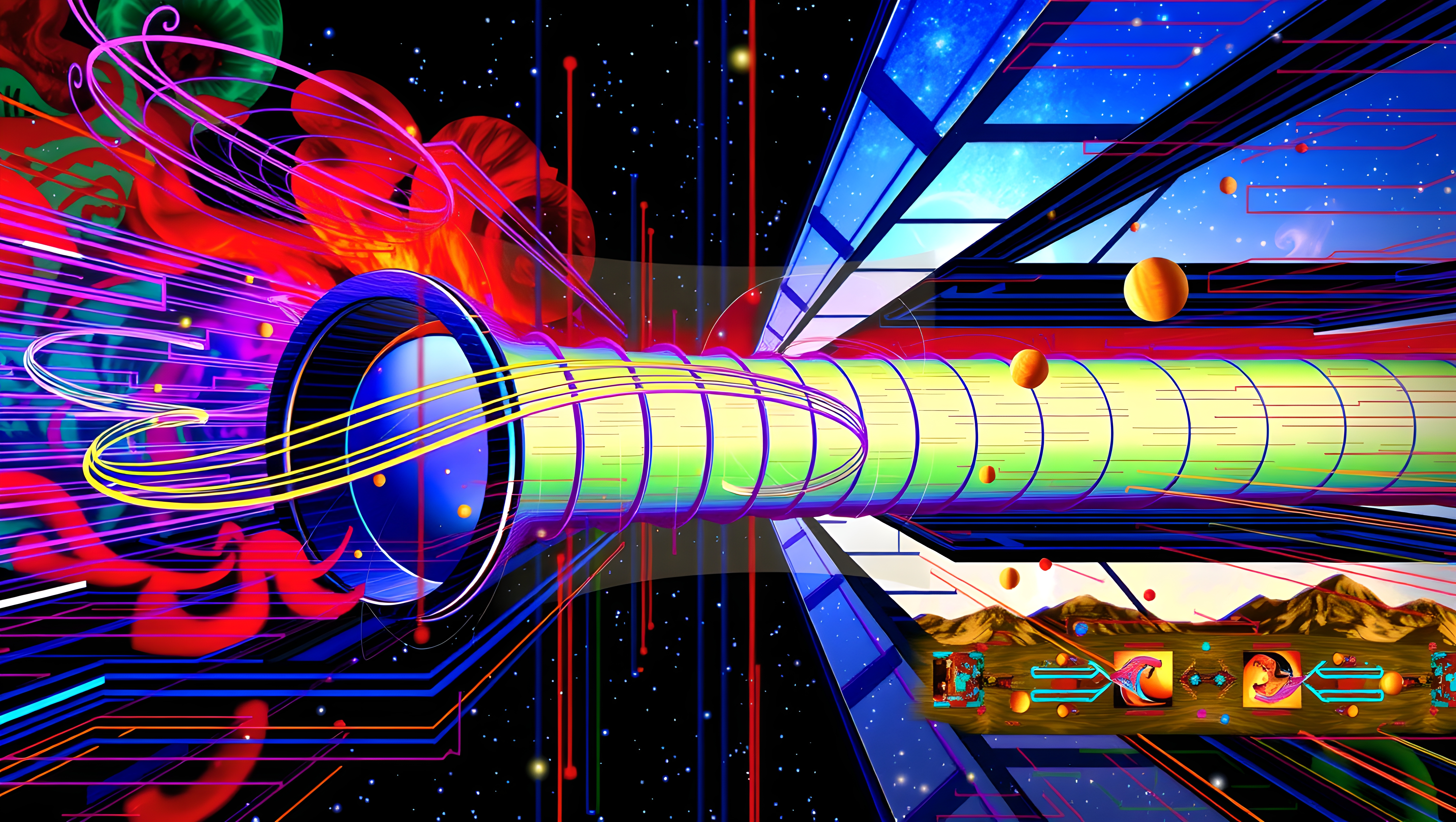 A colorful, abstract cosmic scene depicting a futuristic tunnel with planets, swirling colors, and a starry background.
