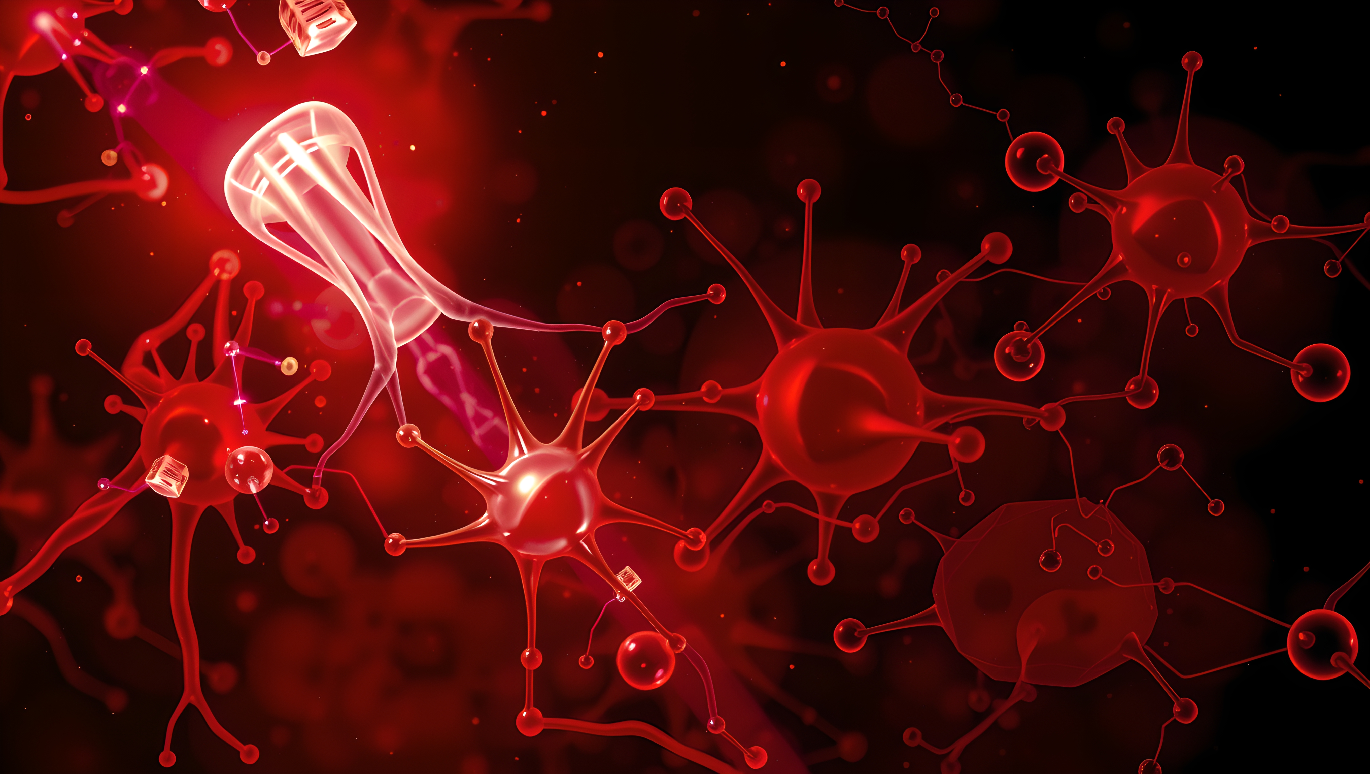 Illustration of neural connections in a vibrant red network with glowing nodes and strands.