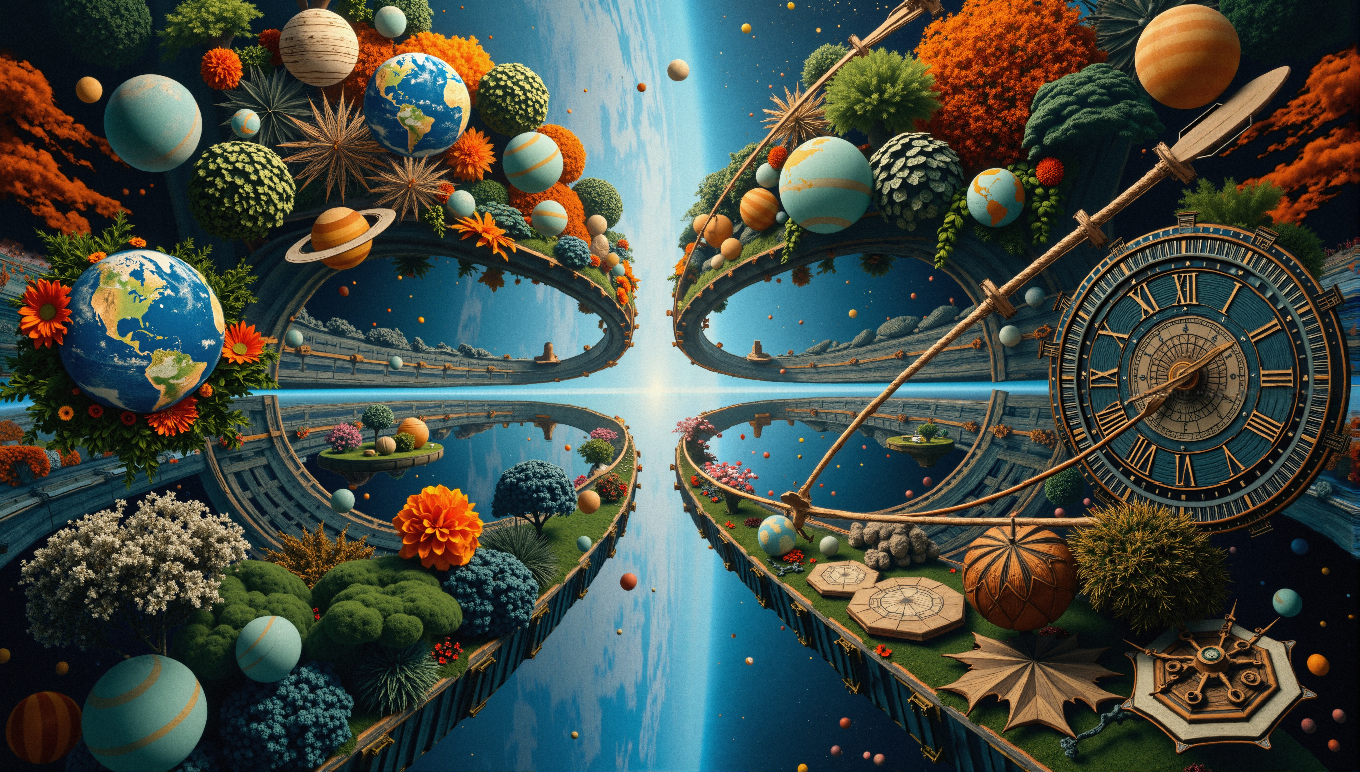 Surreal cosmic landscape featuring planets, pathways, and a large clock reflecting in a mirrored space setting, surrounded by vibrant greenery and flowers.