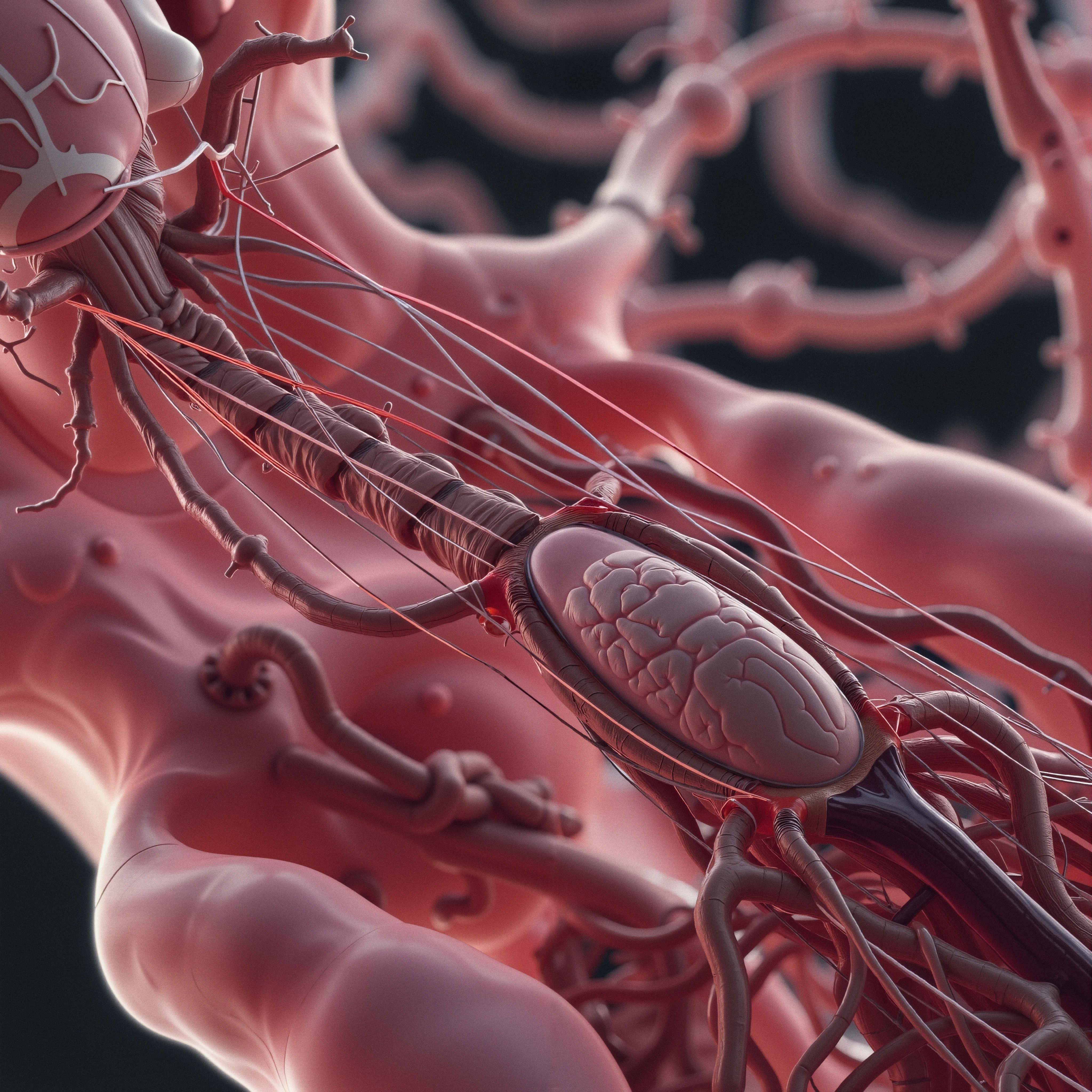 Close-up view of intricate nerve and blood vessel network in a biological organism.