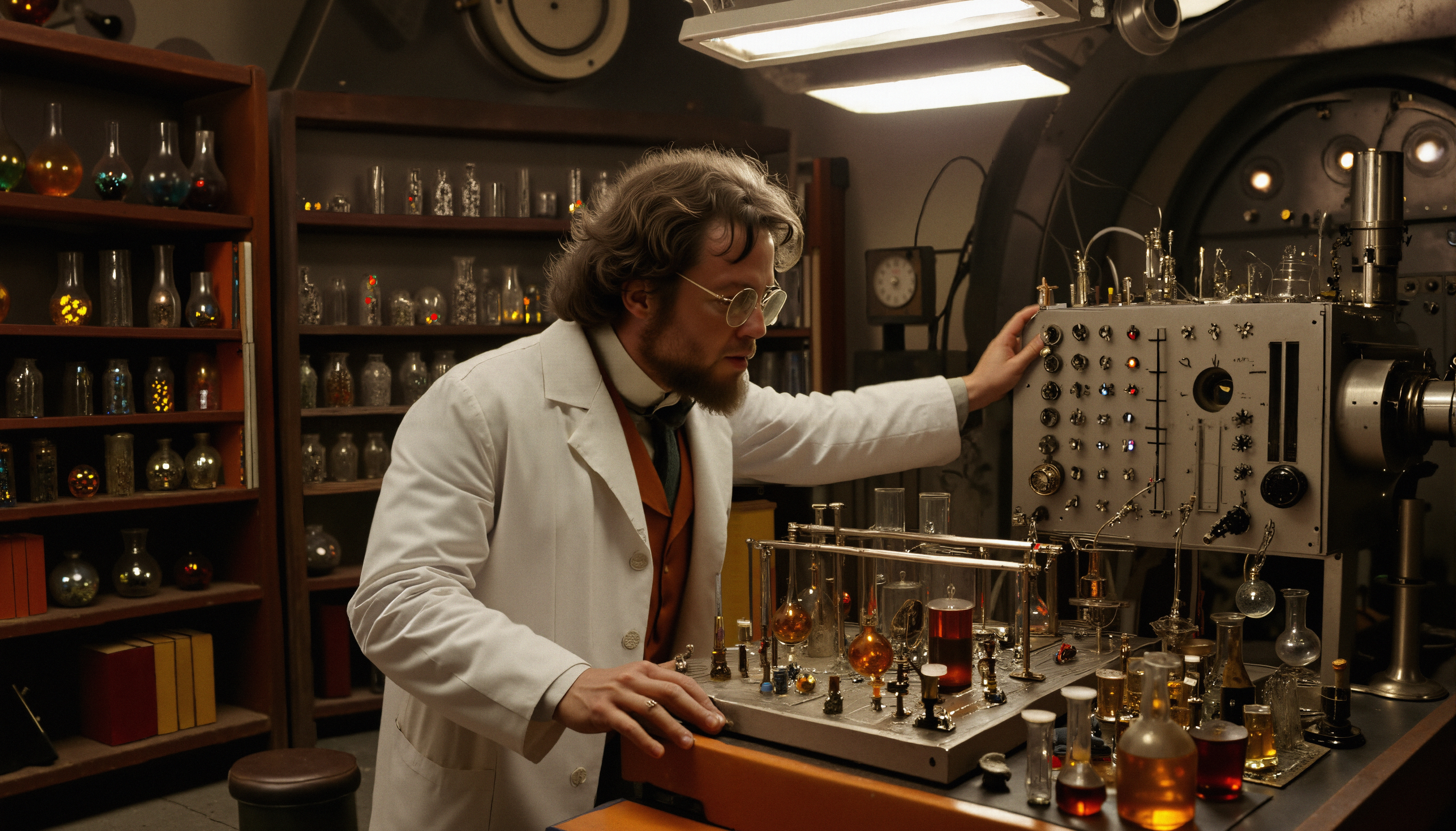 A scientist in a vintage lab conducting experiments with various glassware and control panels.