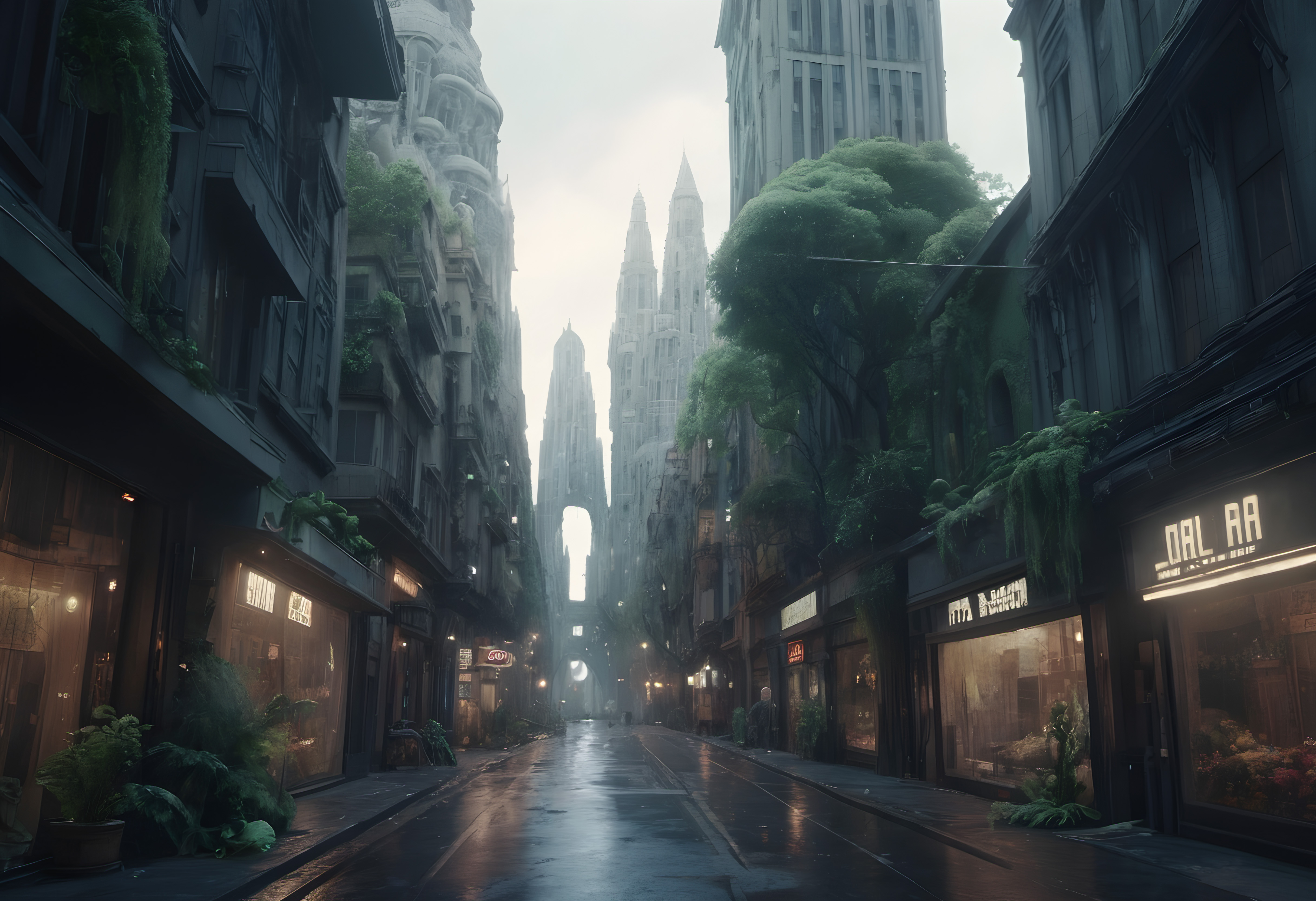 Urban street with towering buildings and abundant greenery.