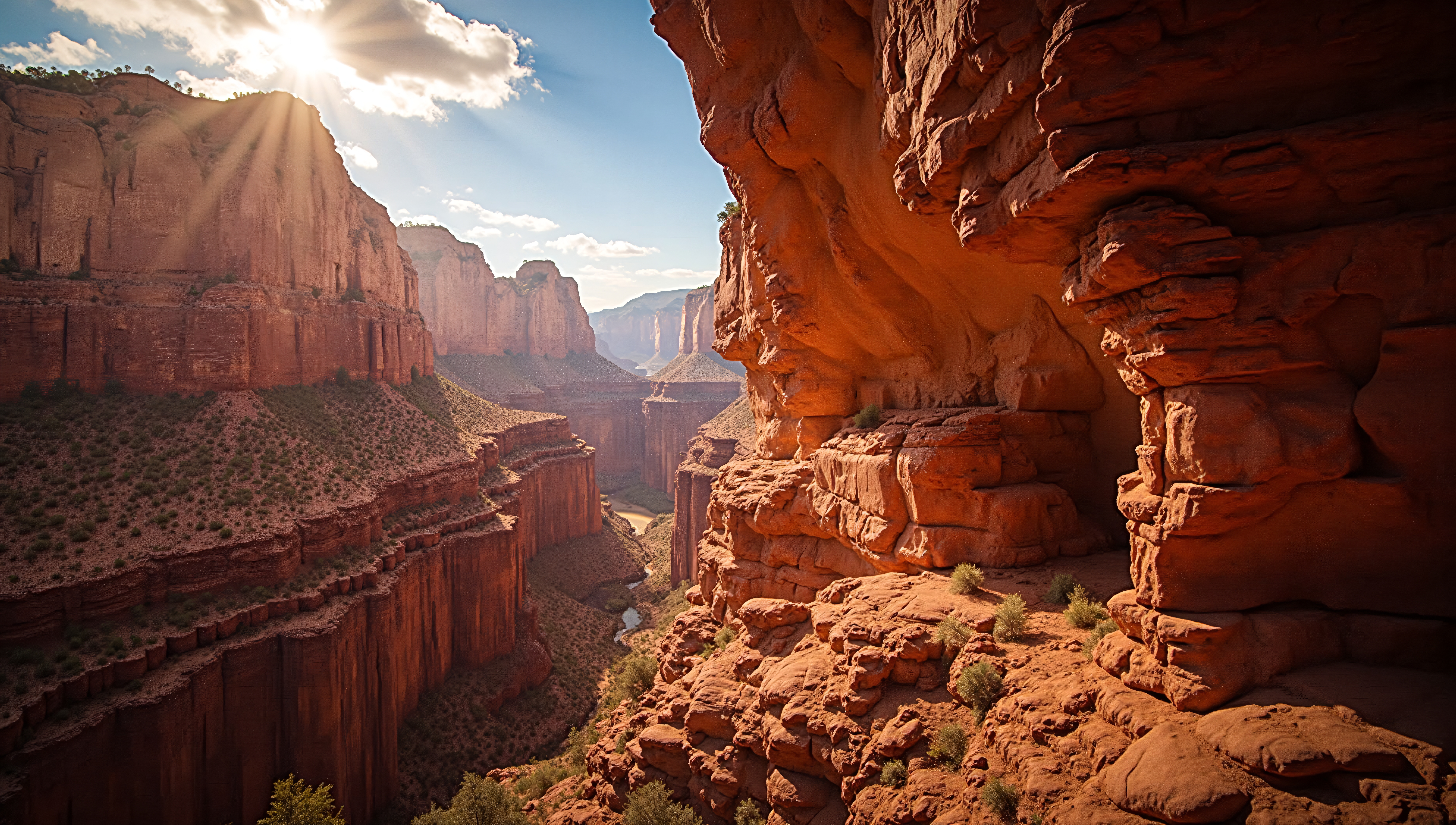 A breathtaking canyon landscape illuminated by sunlight, showcasing warm tones and rugged rock formations.
