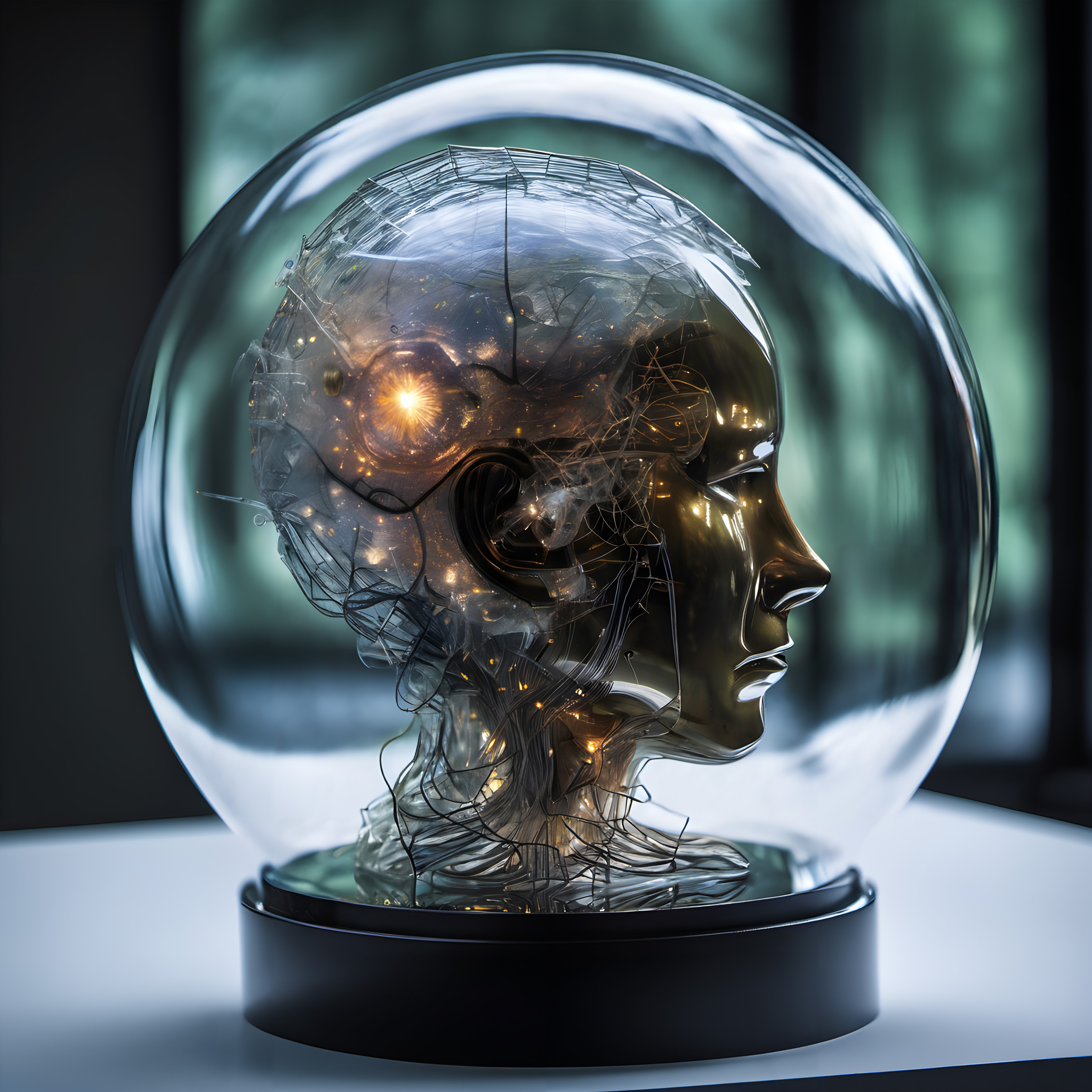 Futuristic glass sphere encasing a glowing, high-tech head.