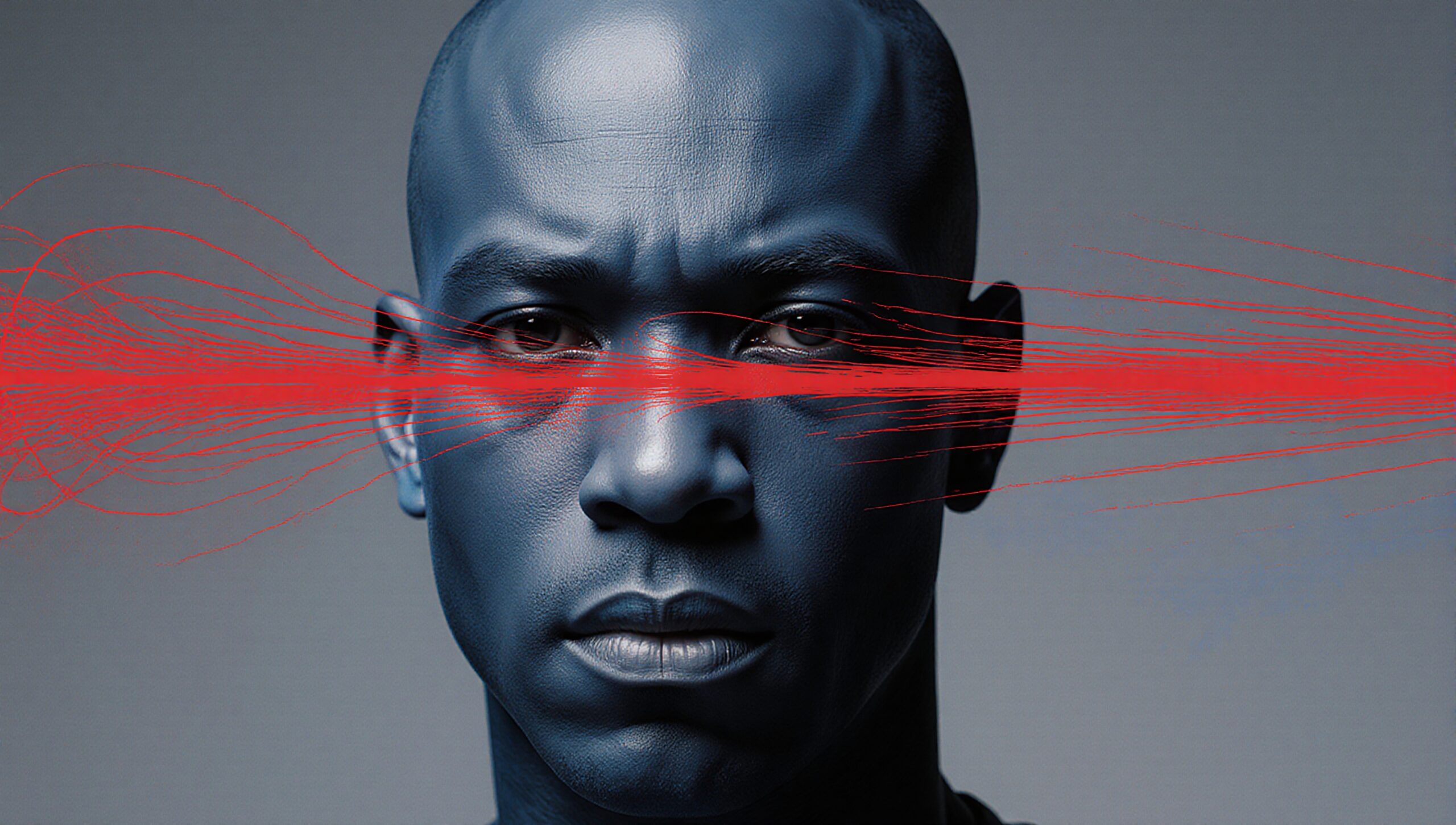A futuristic portrait featuring a blue-toned face intersected by red digital lines across the eyes.