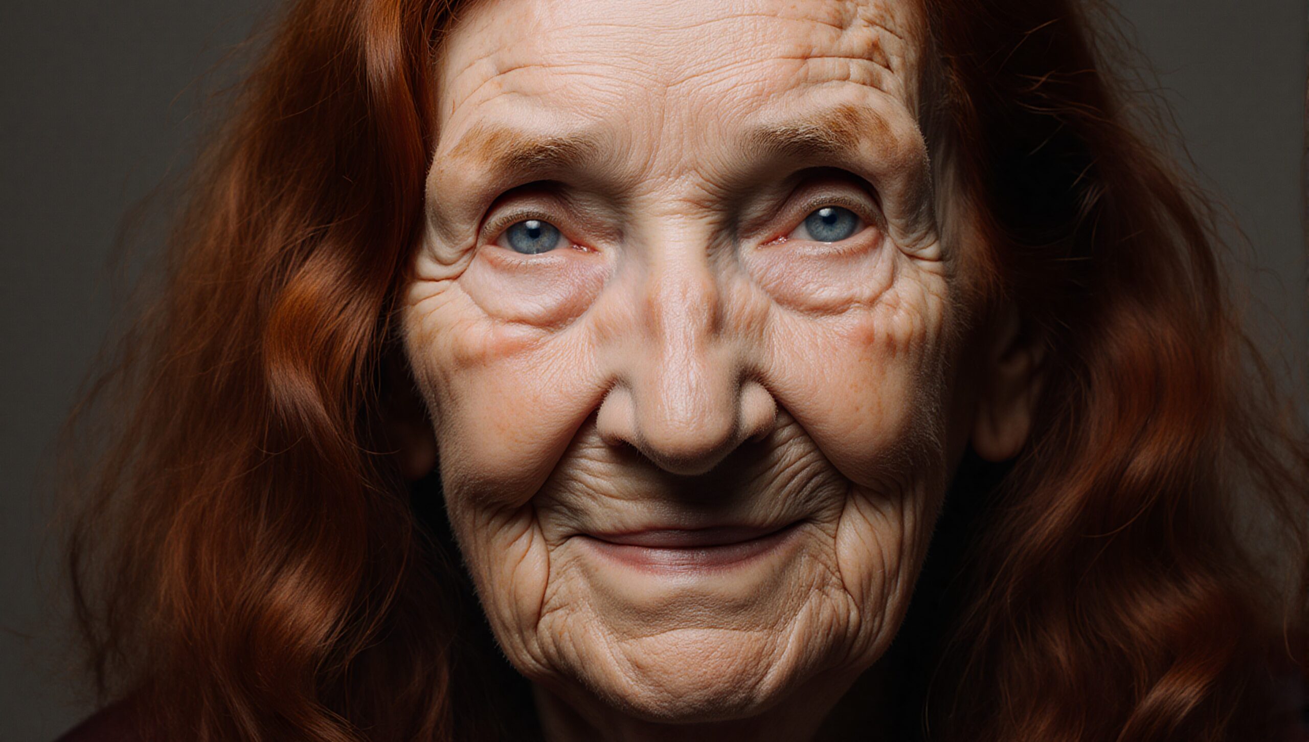 Close-up portrait of an elderly woman with red hair, blue eyes, and a serene expression, showcasing natural aging beauty.