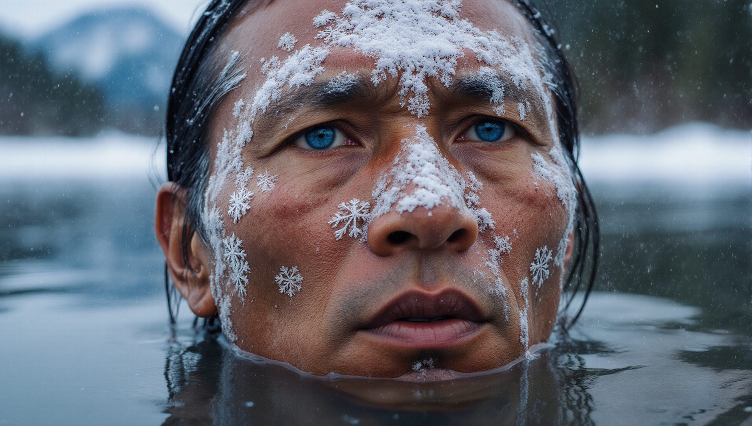 A man with blue eyes and frost-covered face submerged in icy water.