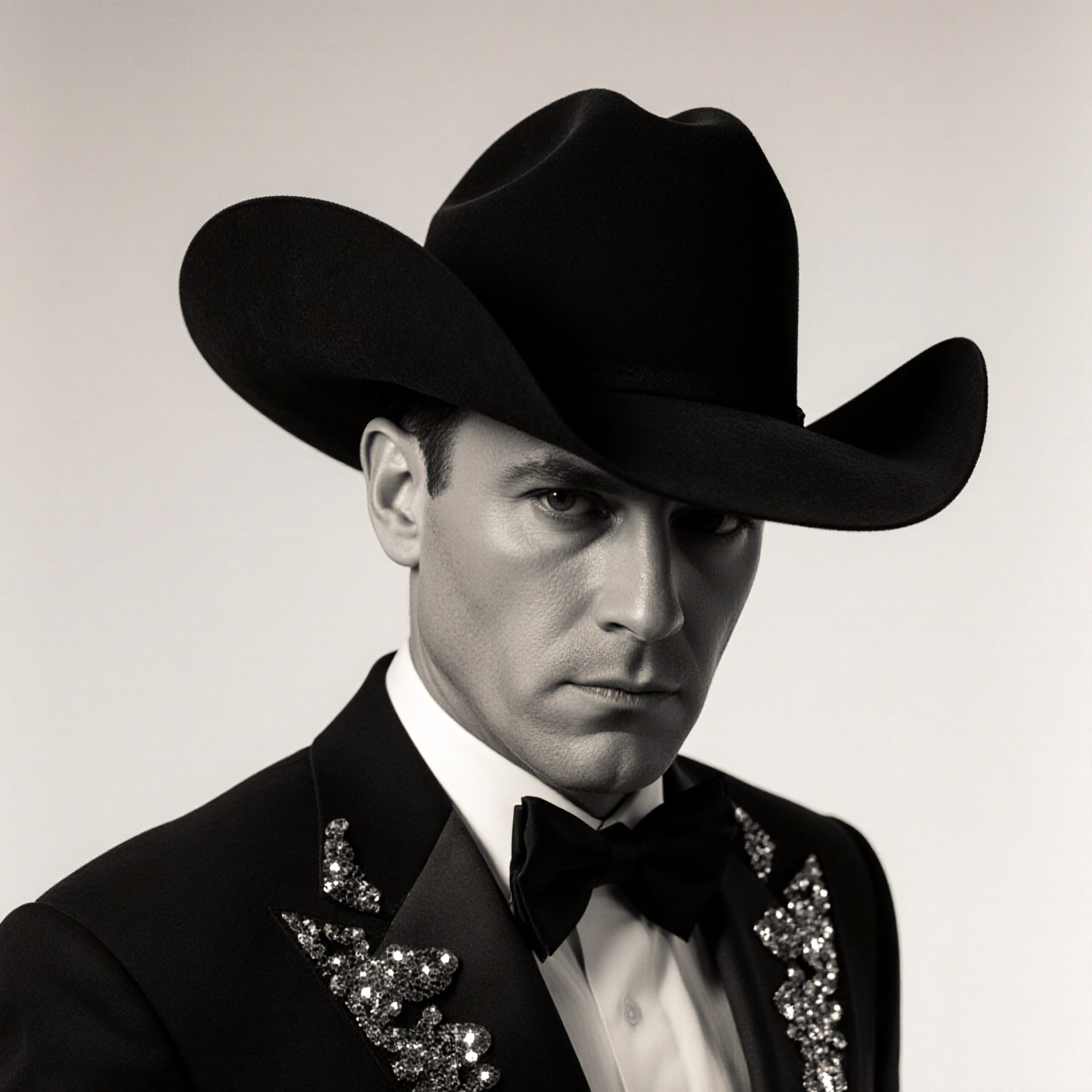 Black and white portrait of a man in a sequined blazer and cowboy hat, blending western and formal fashion styles.