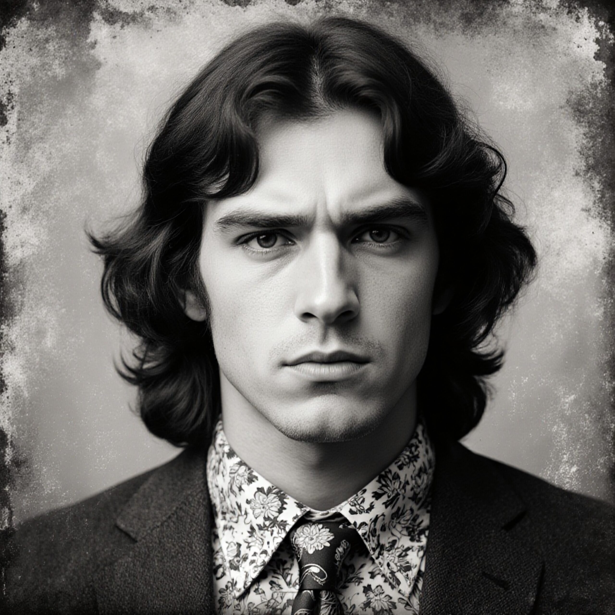 Vintage black and white portrait of a man in a floral shirt and suit, displaying an intense expression.