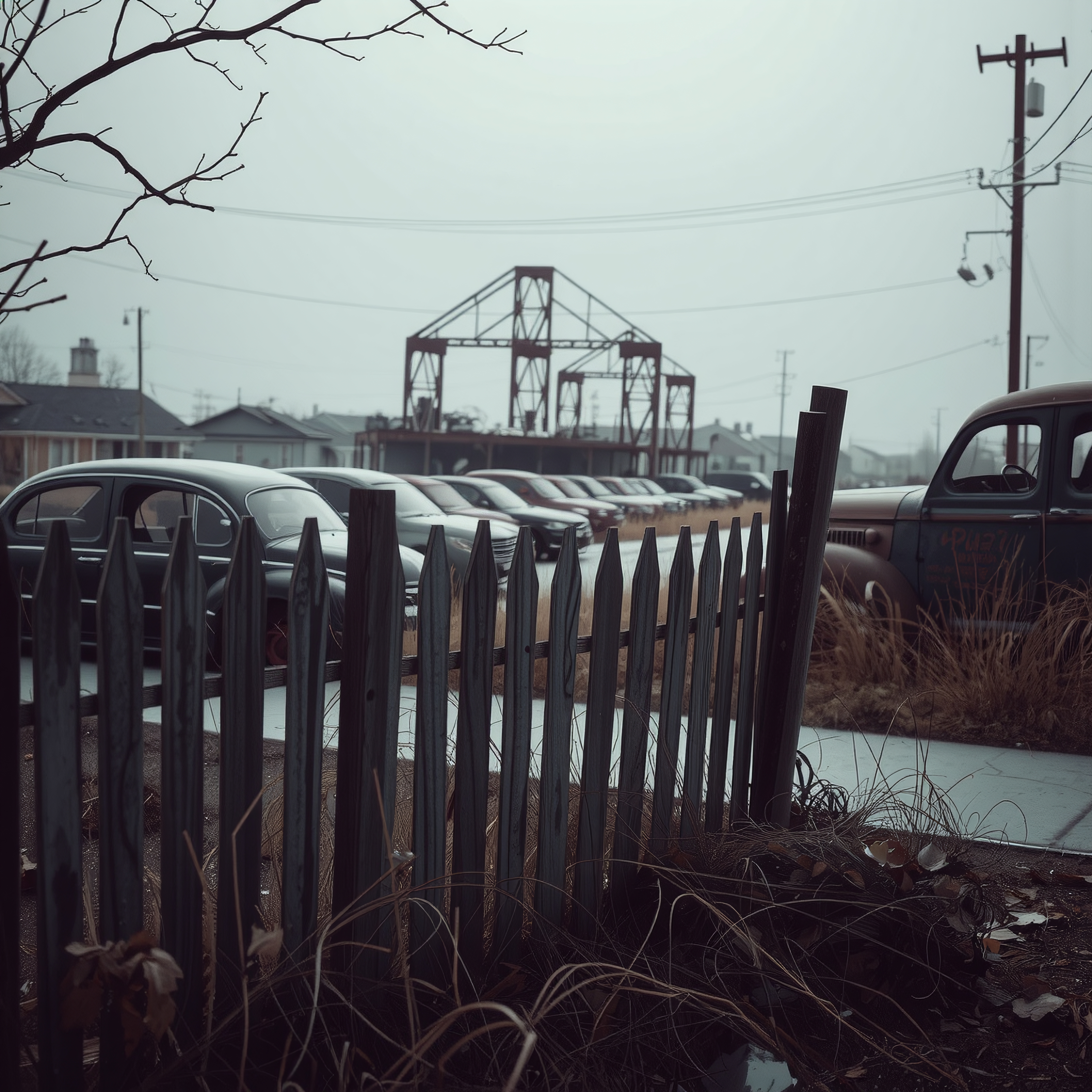 Abandoned street with vintage cars
