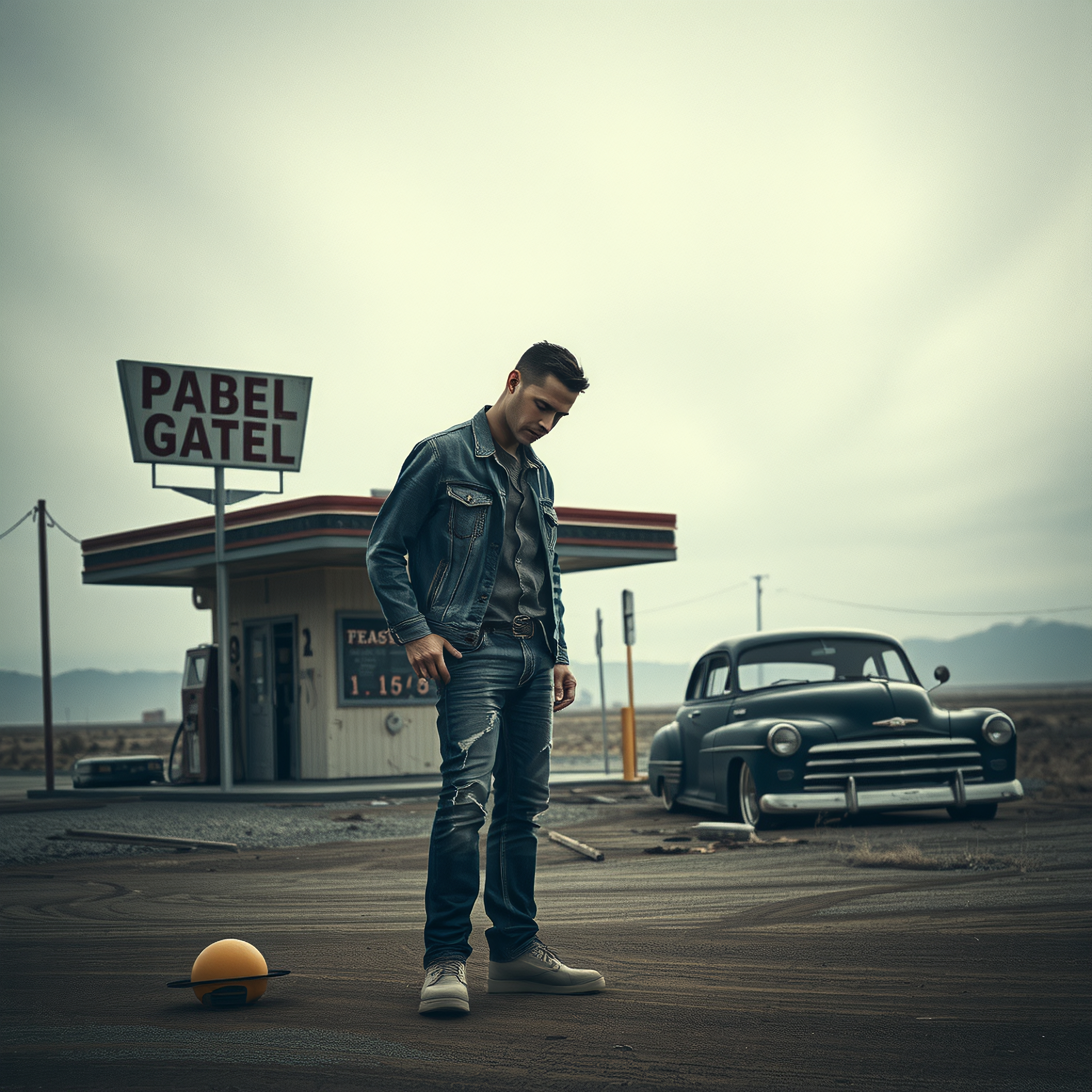 A man stands in denim near a vintage car and desert gas station, evoking nostalgia.
