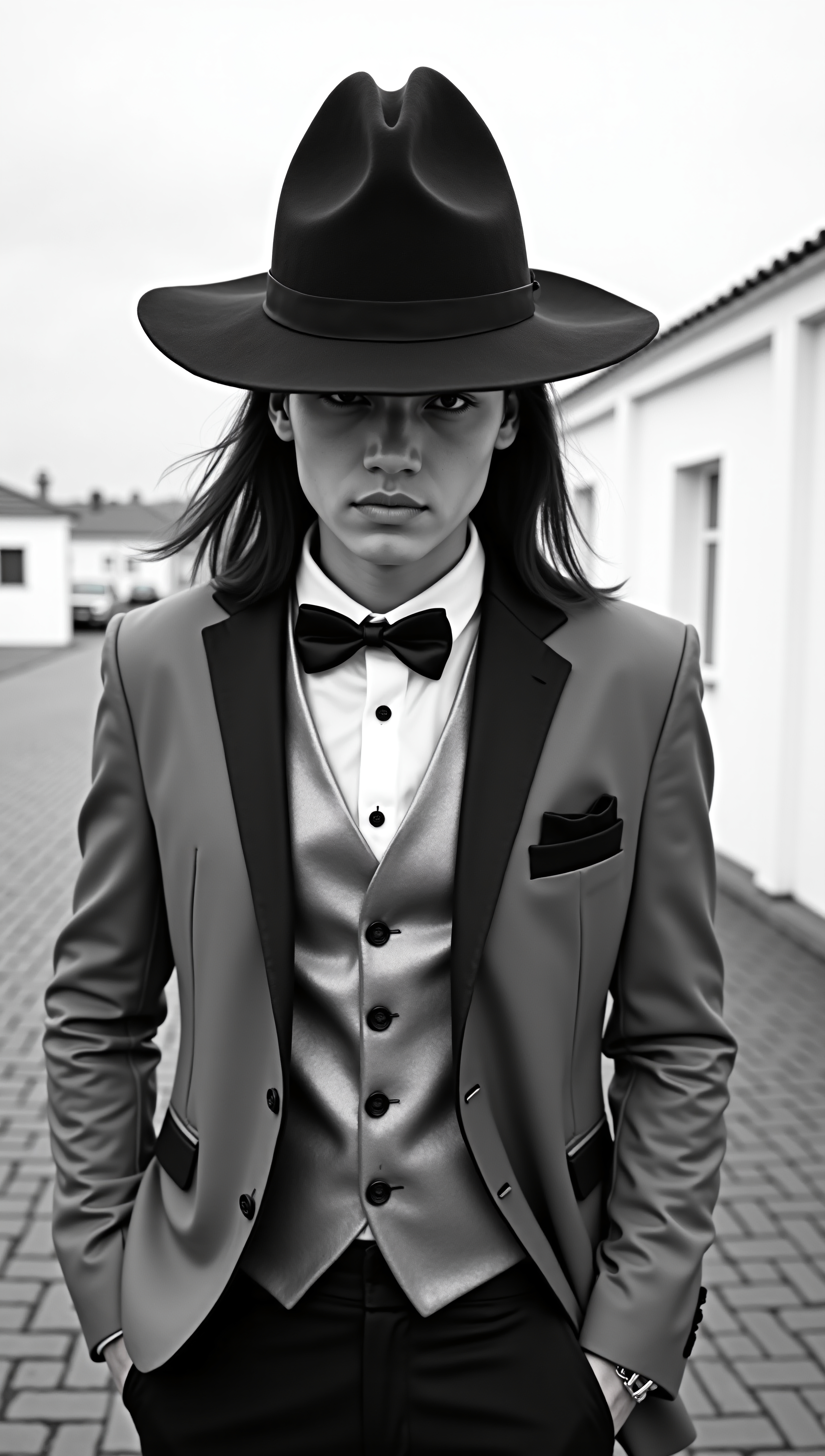 Person wearing a suit and fedora in monochrome setting.