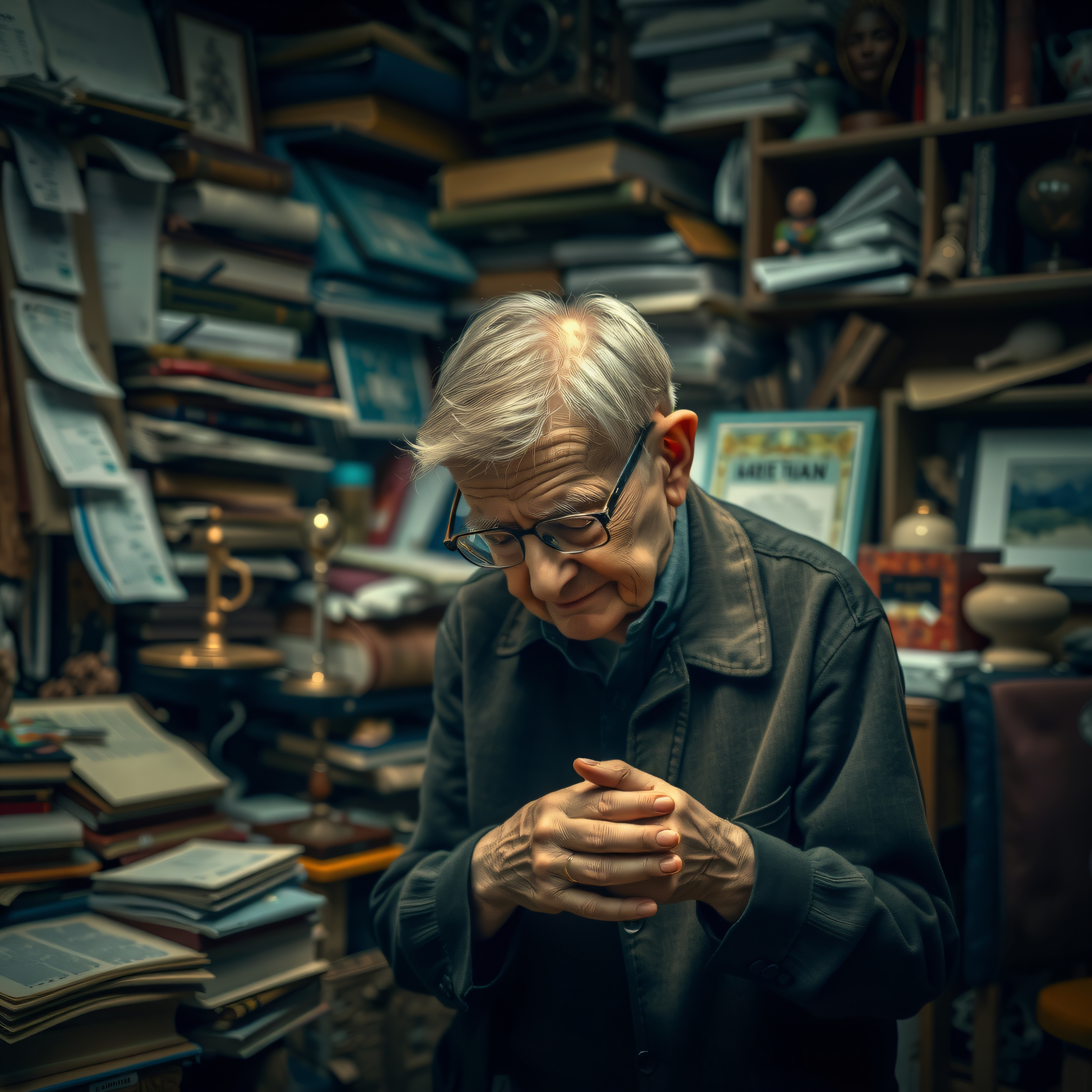 Elderly Scholar Amid Cluttered Study