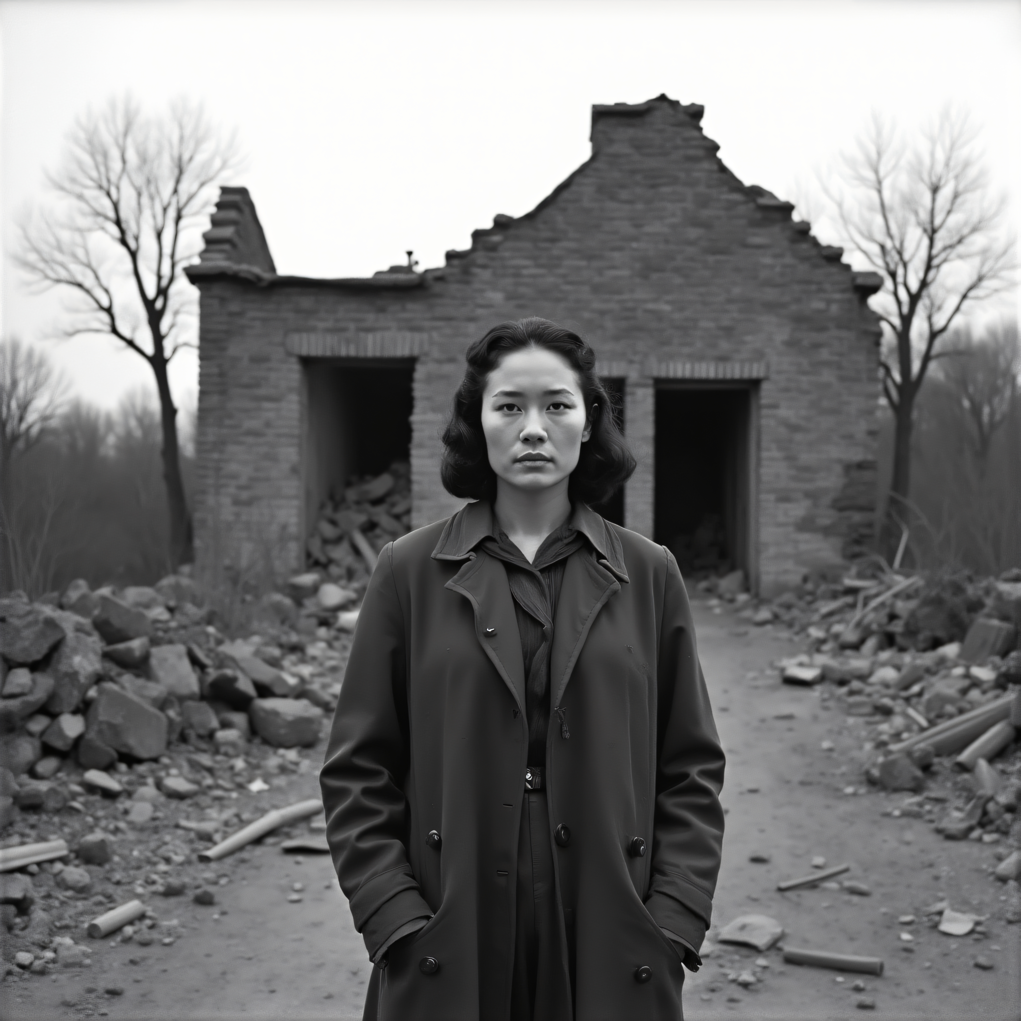 Ruined building solemn woman standing