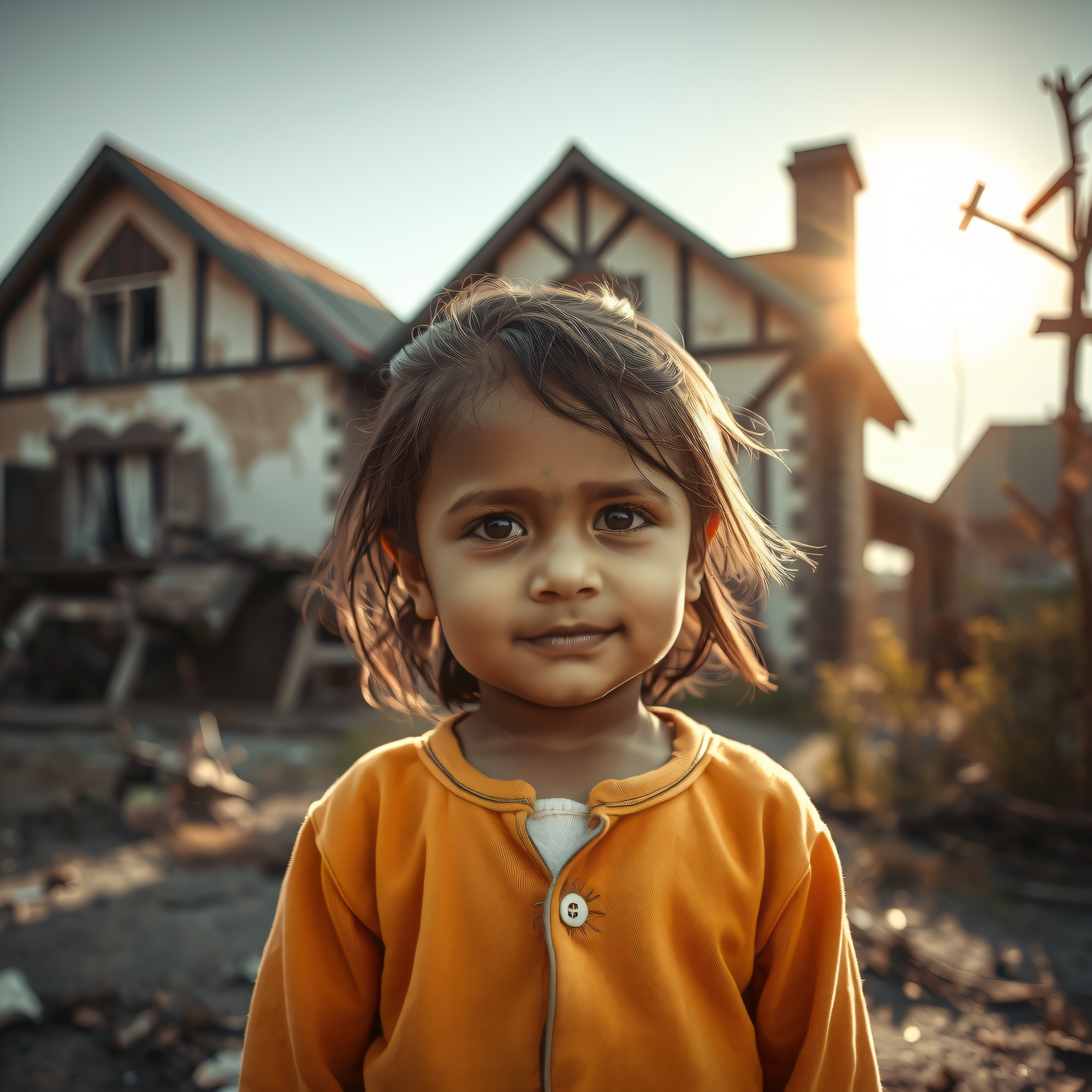 A young child in an orange jacket stands calmly in front of an old rustic house at sunset.