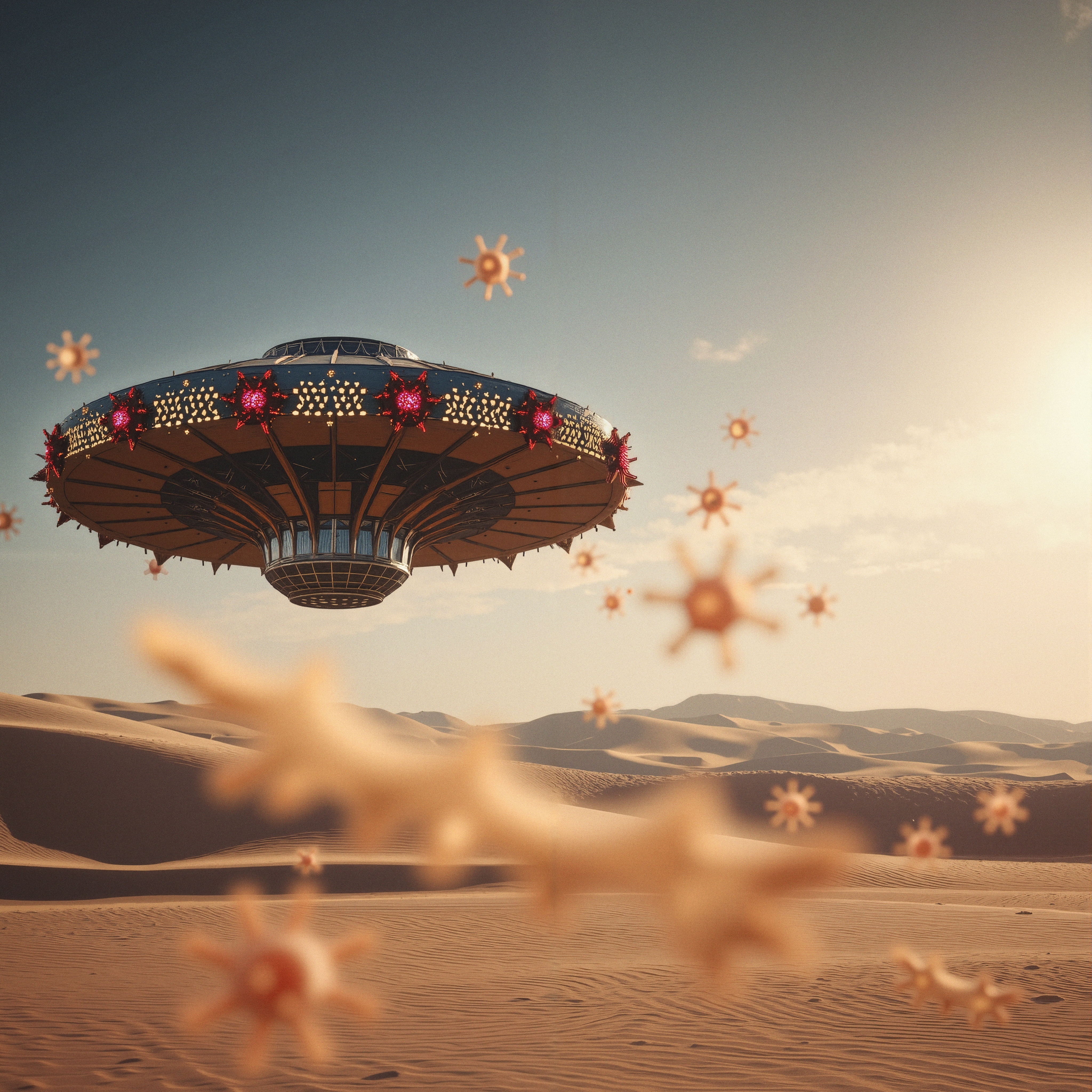 UFO Hovering Above Desert Landscape
