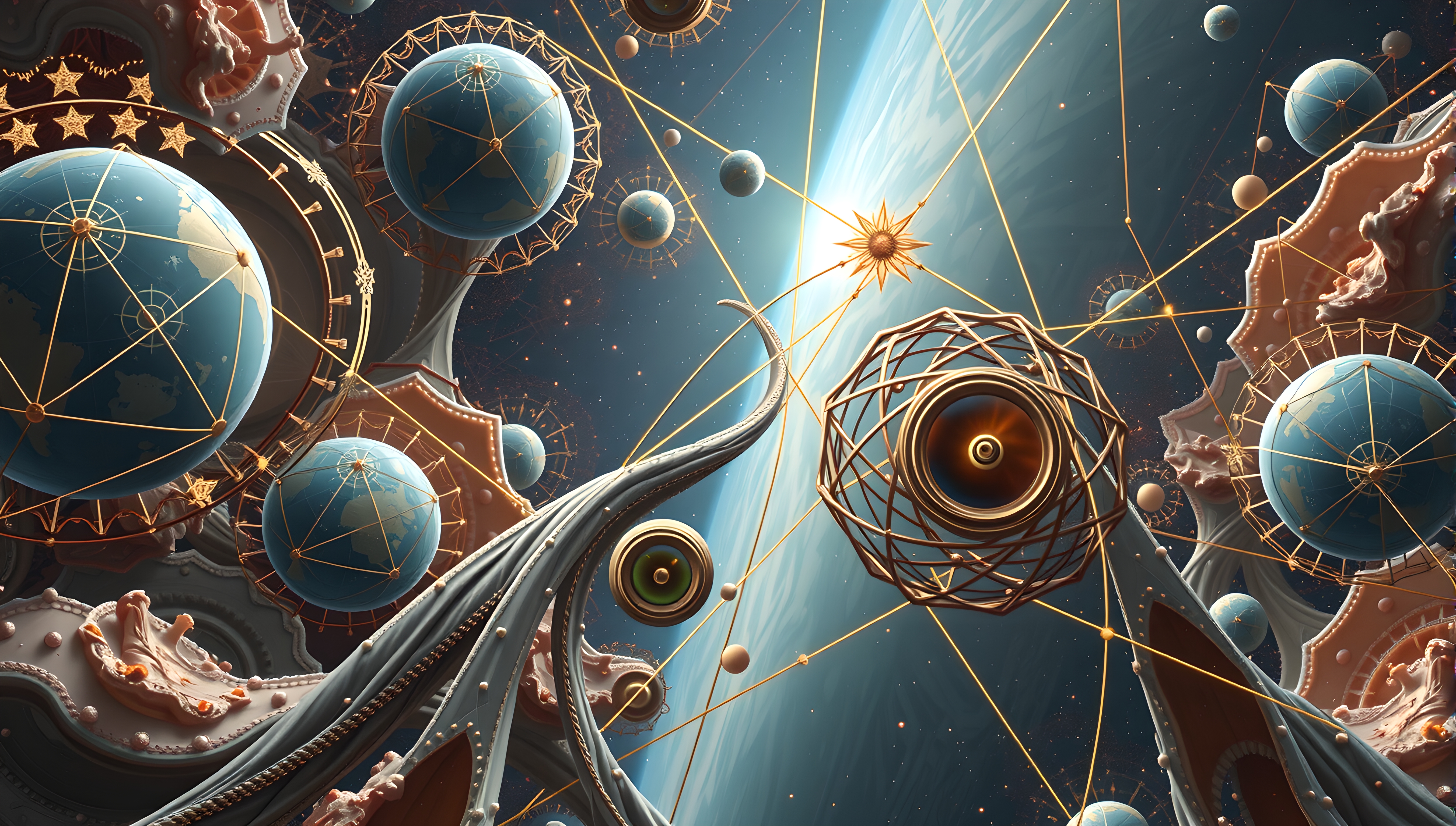 Intricate cosmic scene with glowing planets and geometric designs.