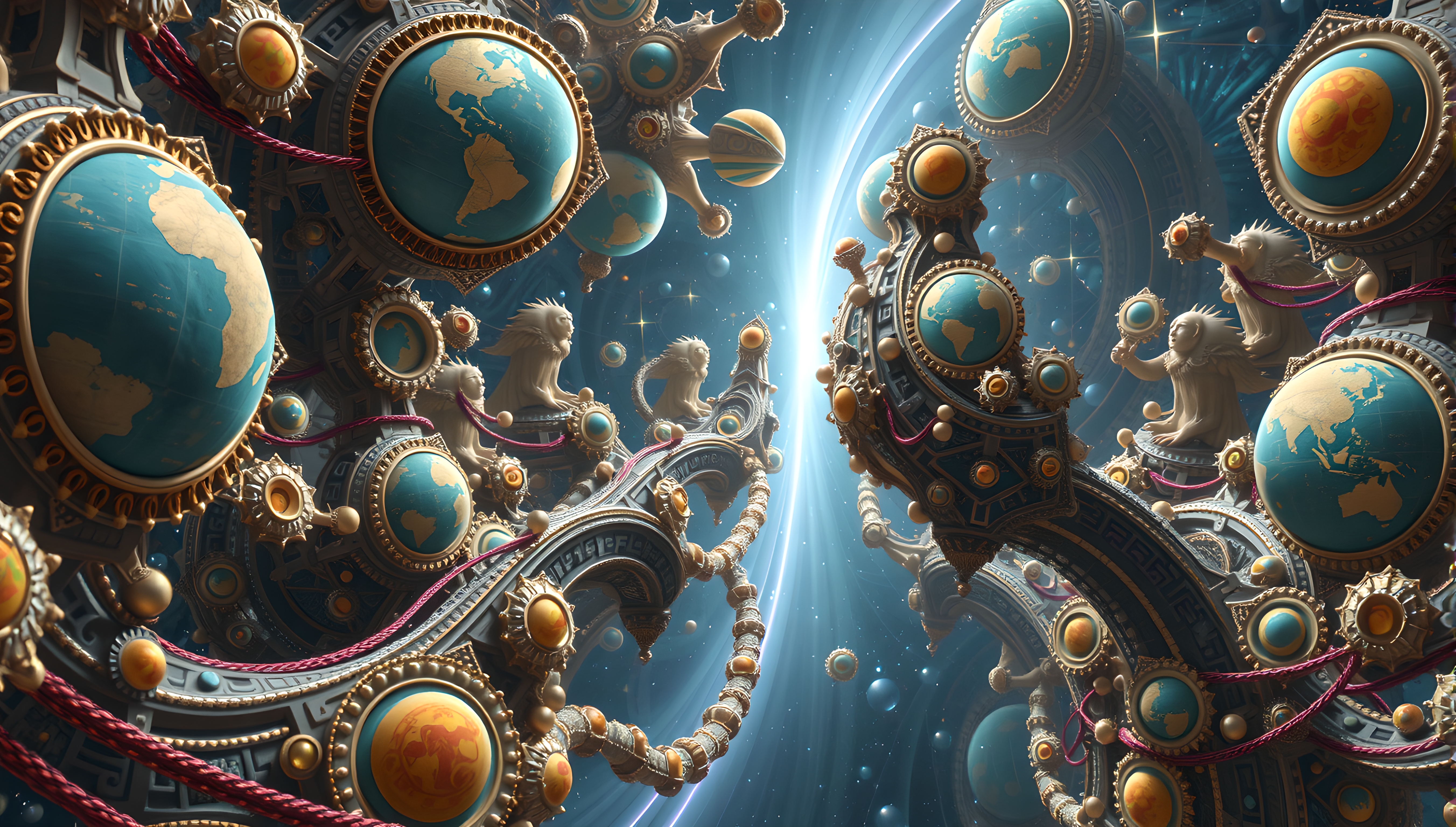 Intricate cosmic scene with celestial globes and ethereal figures in a vibrant blue and gold fantasy setting.
