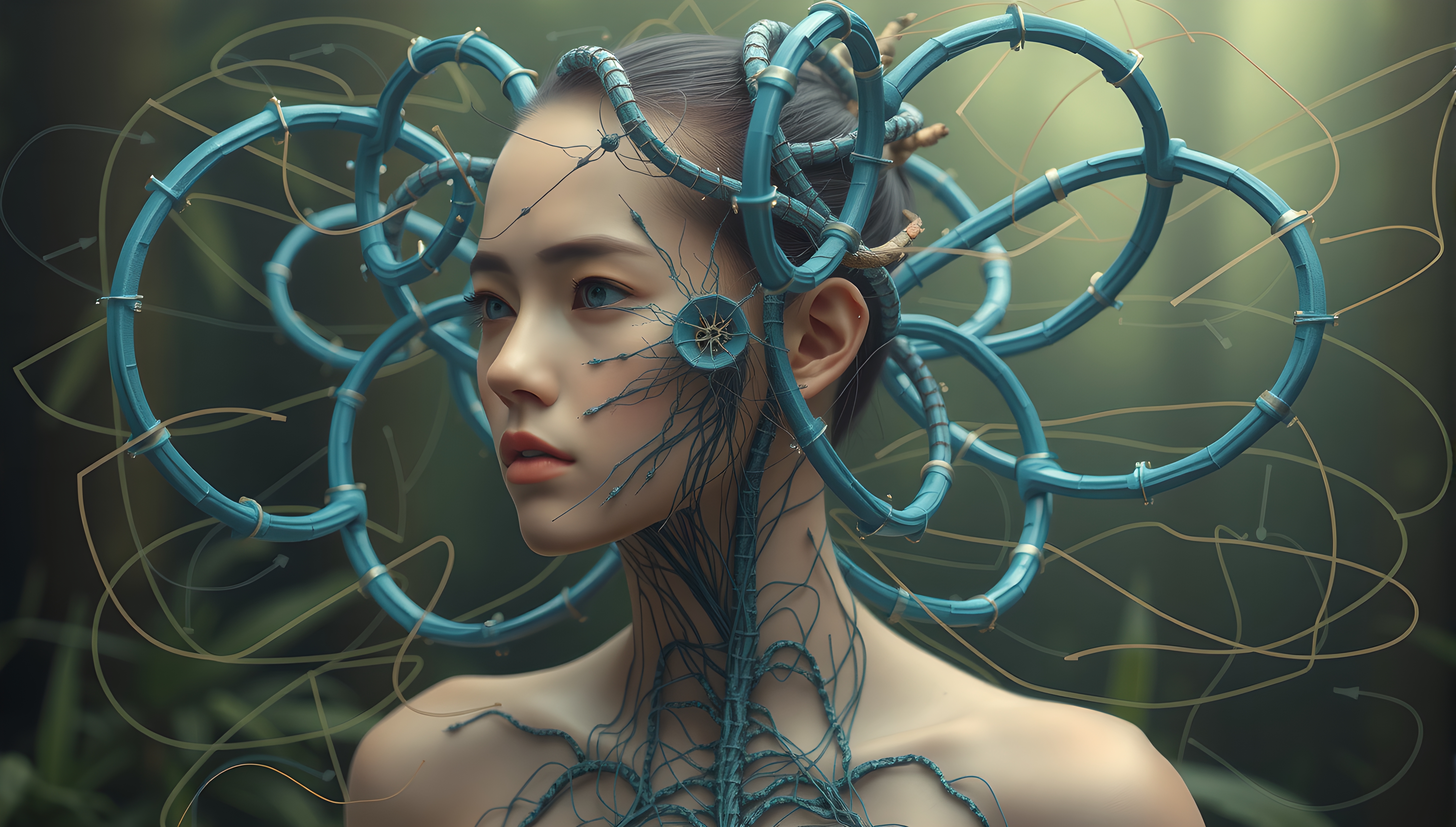 A futuristic woman with blue cables forming a complex headdress, blending technology and human elements.