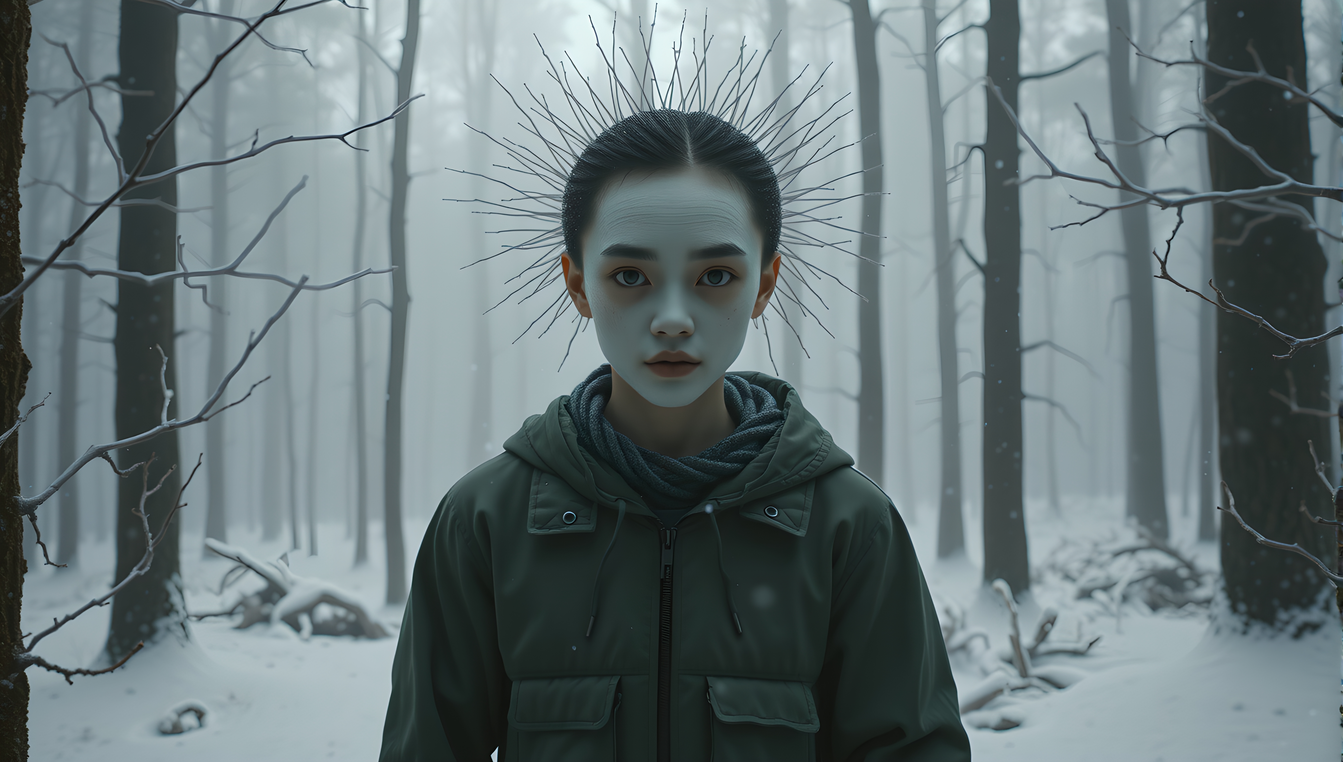 Person with twig halo in misty snow-covered forest.