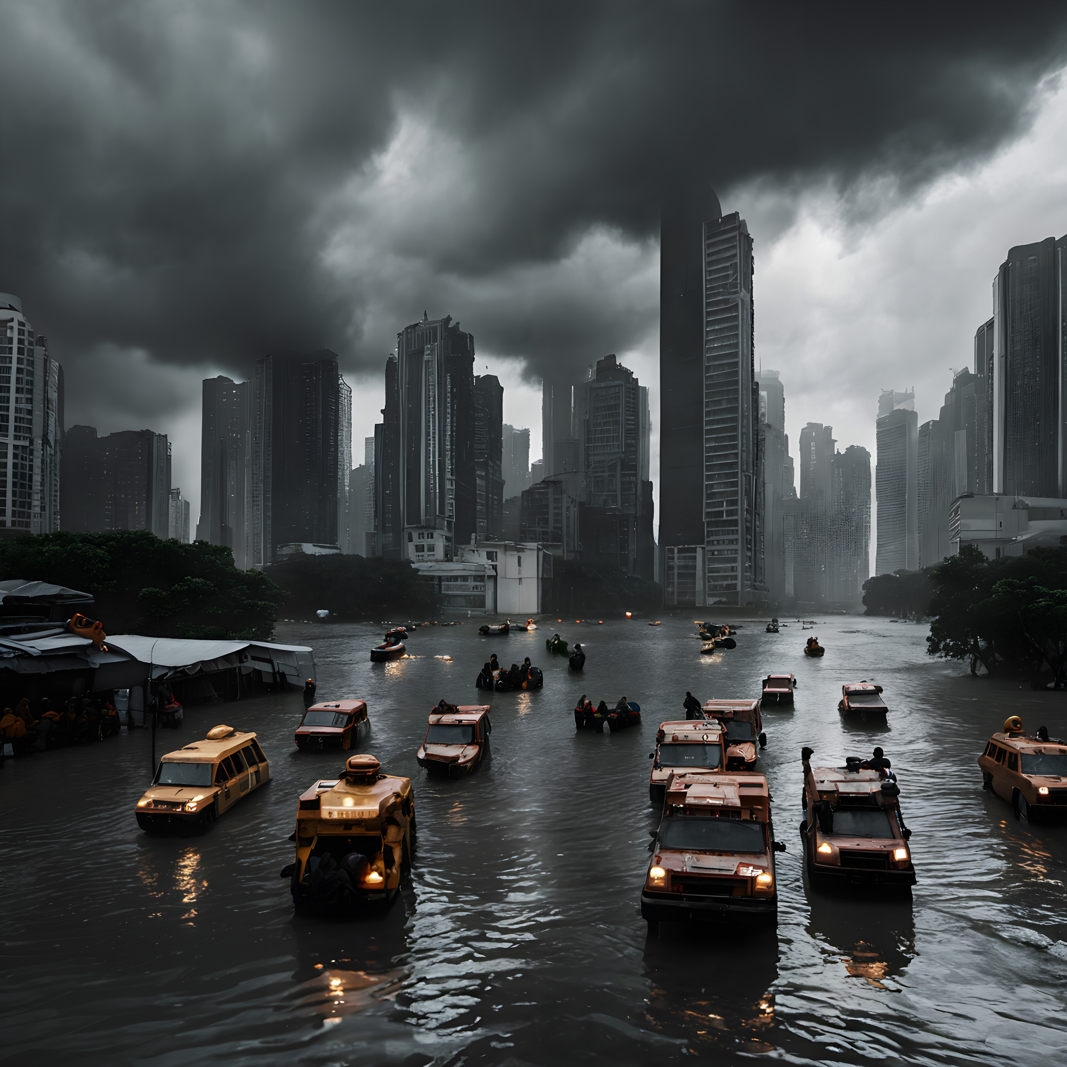 Dramatic cityscape of flooded streets with taxis and boats under stormy skies.
