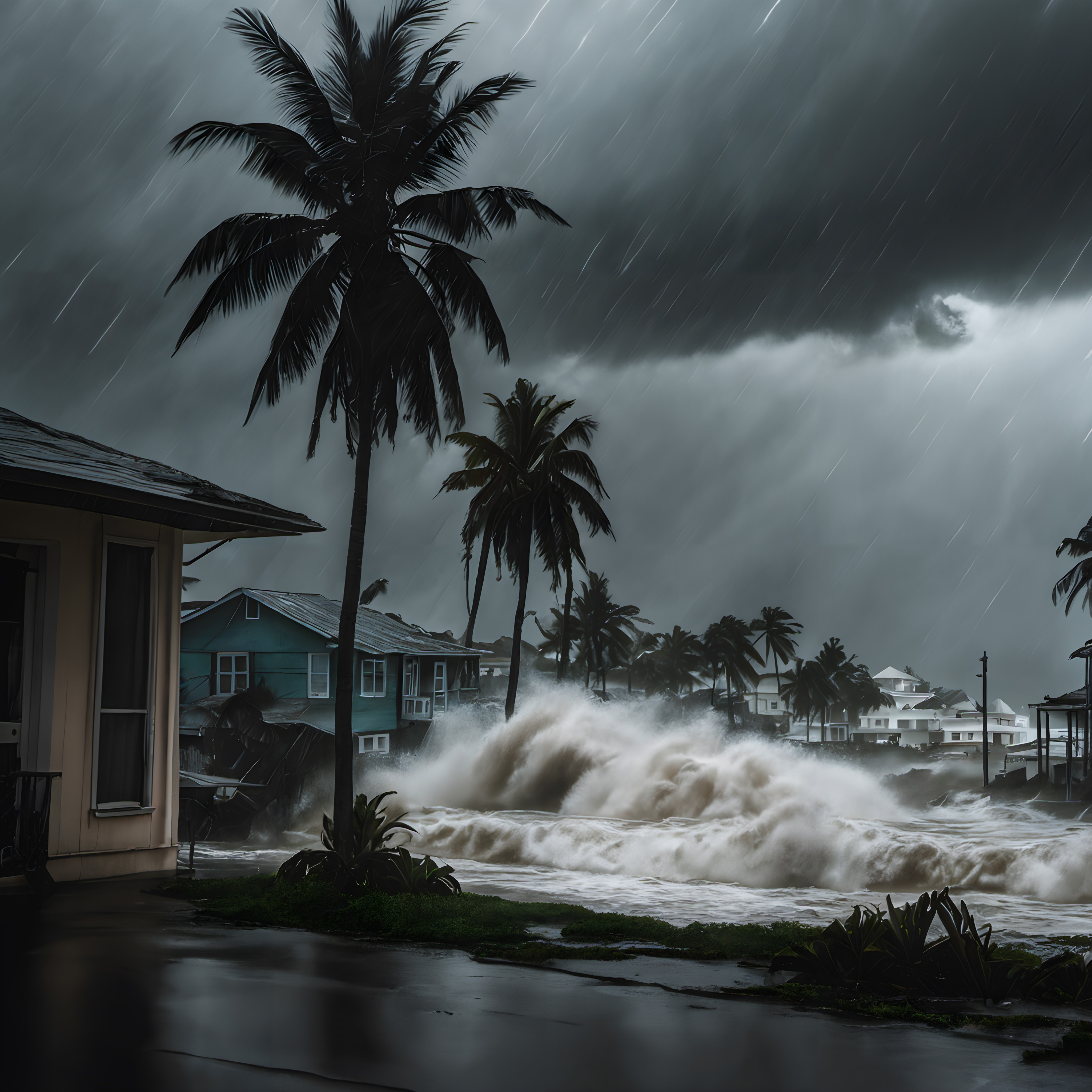 Powerful storm waves striking coastal town.