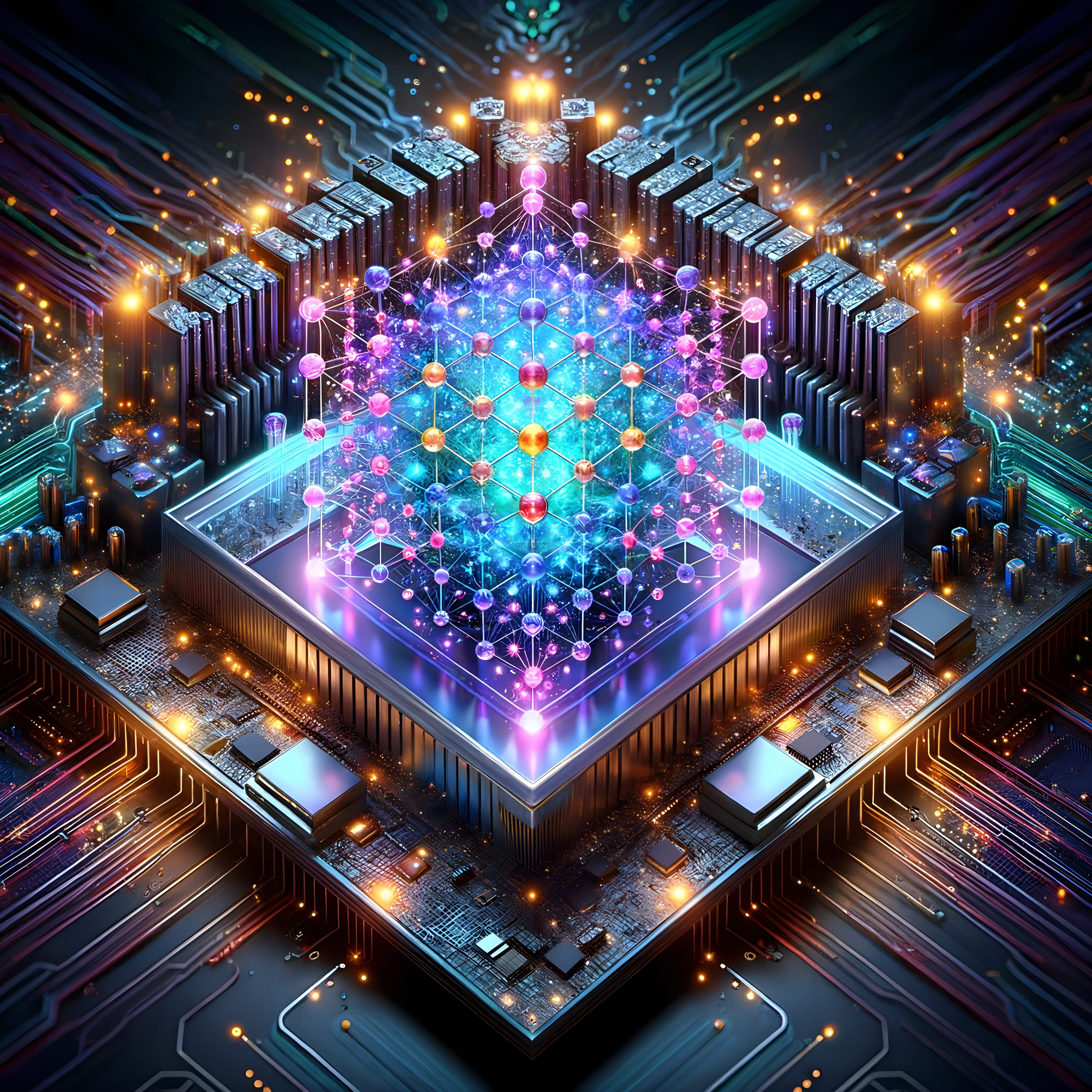 High-tech microchip with glowing digital network.