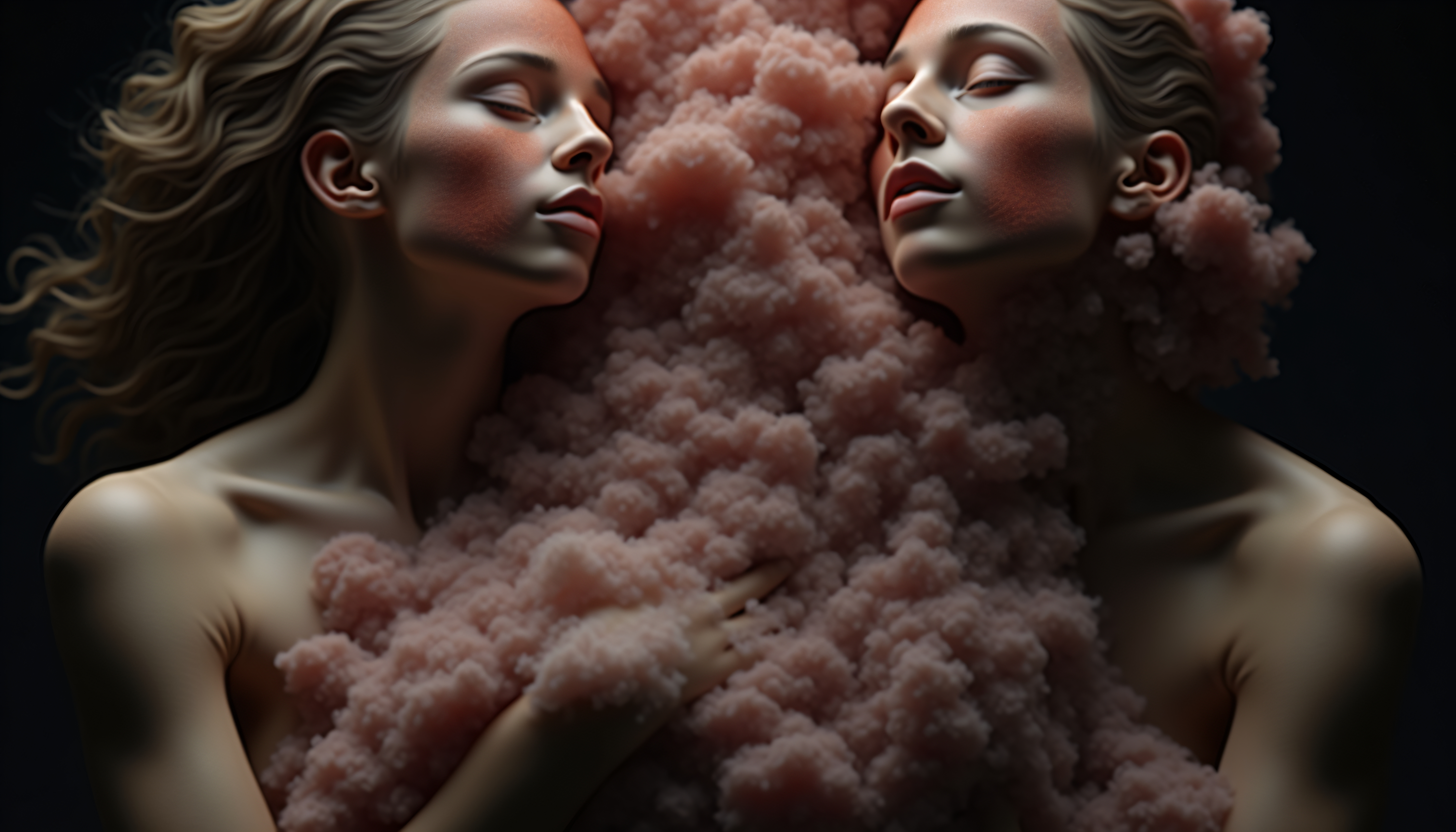 Two figures surrounded by soft, pink, cloud-like texture convey serenity and introspection.