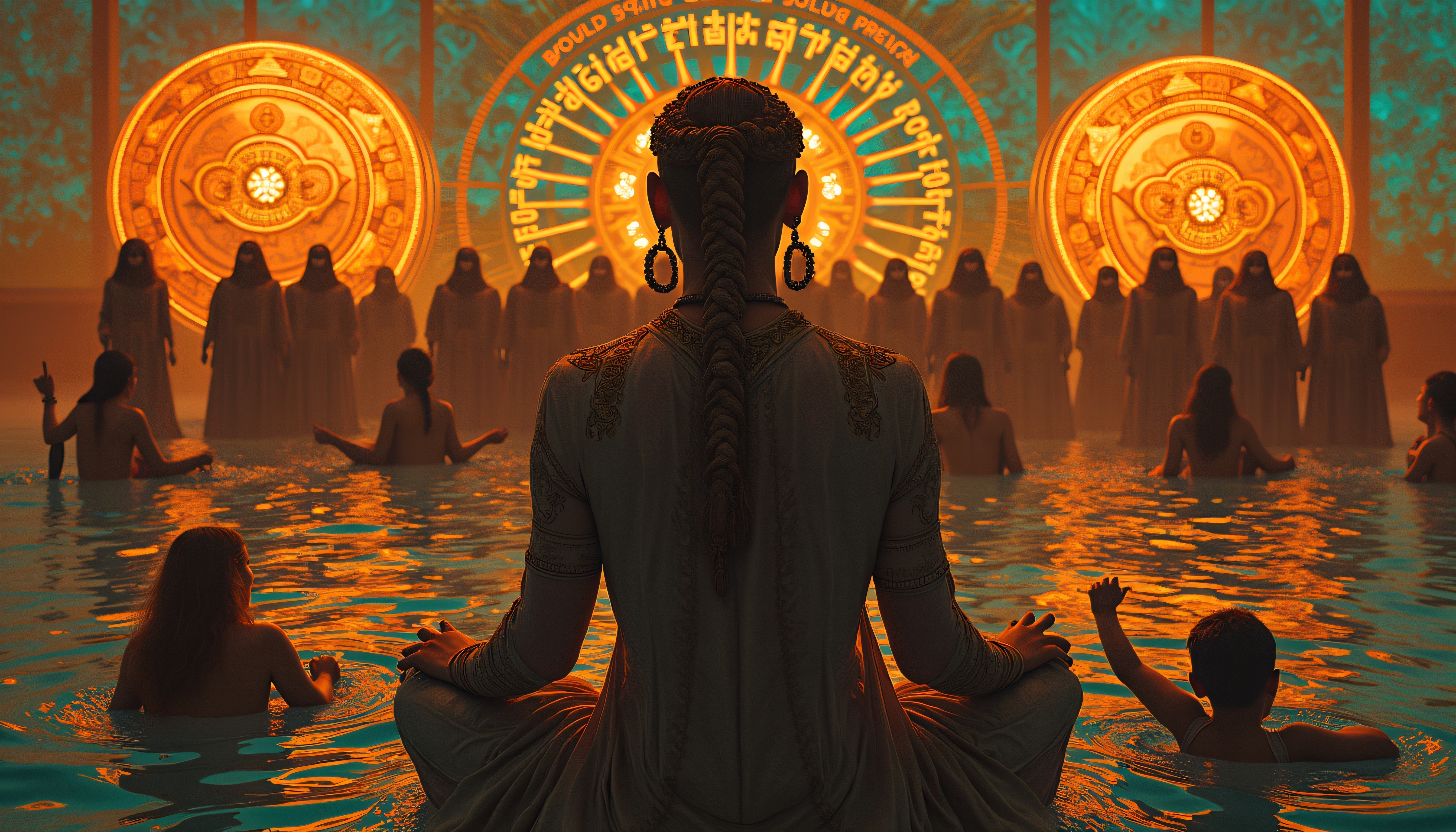 A person performing a meditative ritual in water with illuminated symbols and figures in the background.