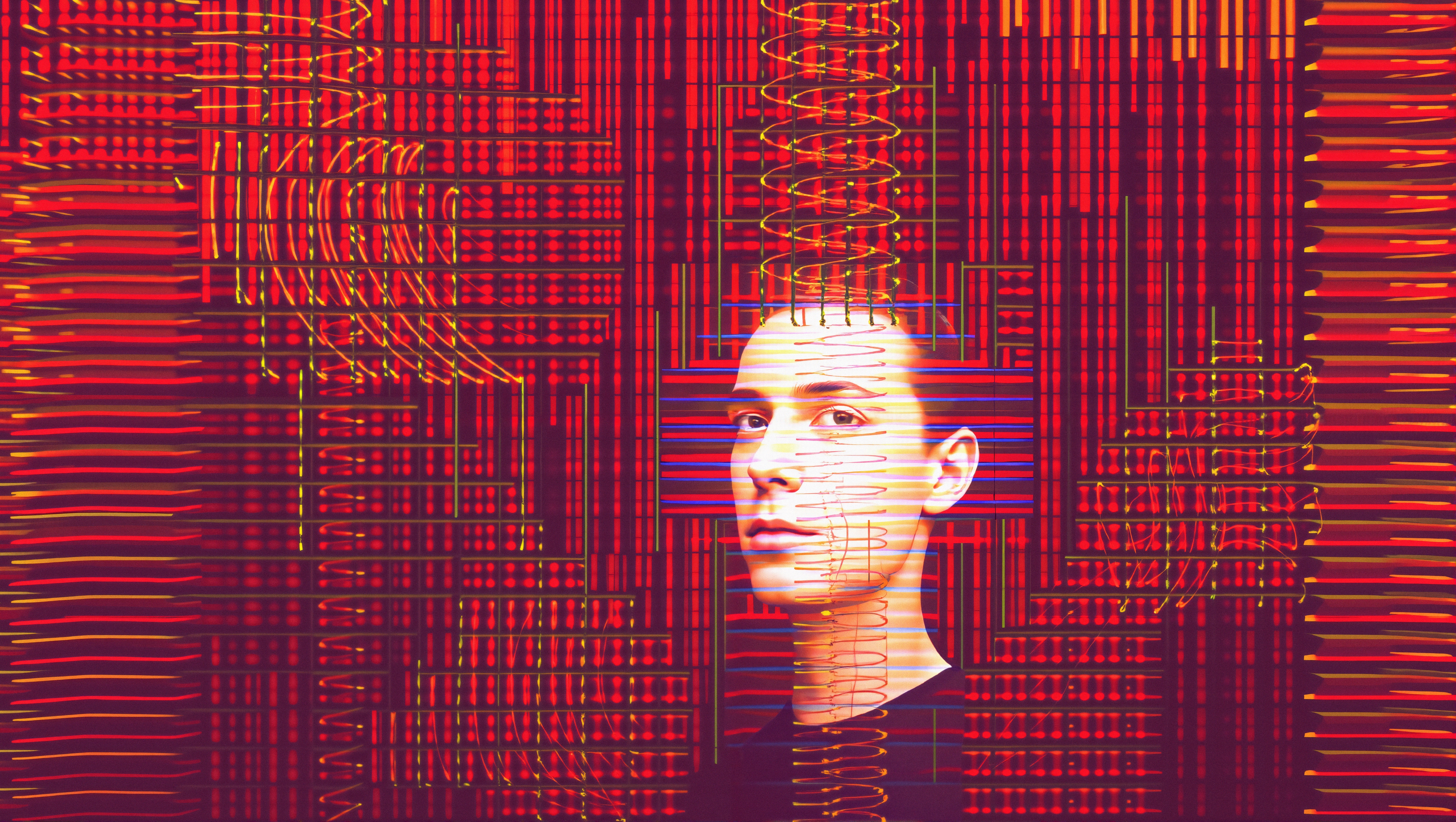 An individual amidst abstract red and yellow patterns, blending technology and human presence.