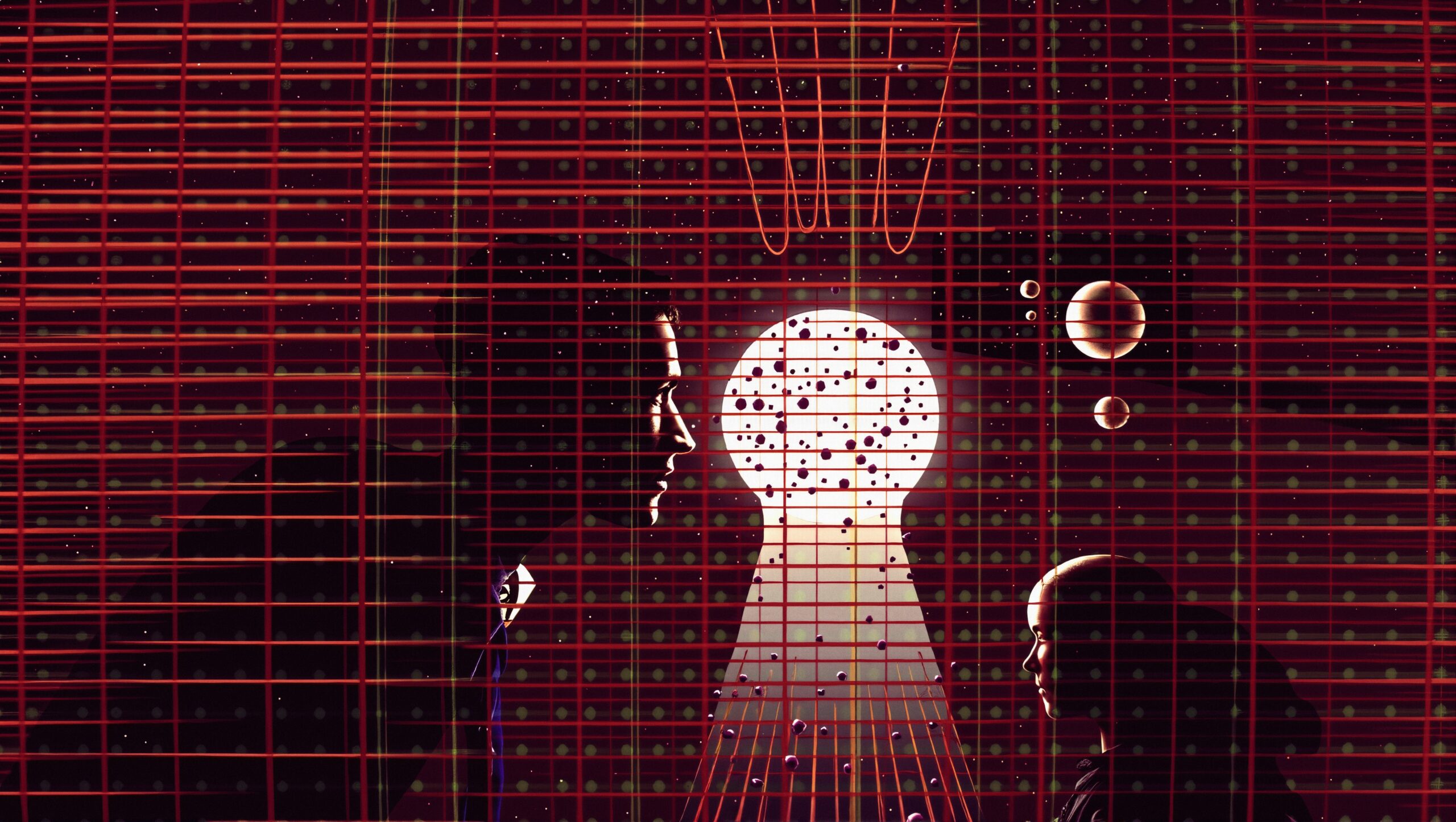 Abstract digital illustration with two silhouetted profiles facing a luminous keyhole, surrounded by geometric patterns and floating spheres.