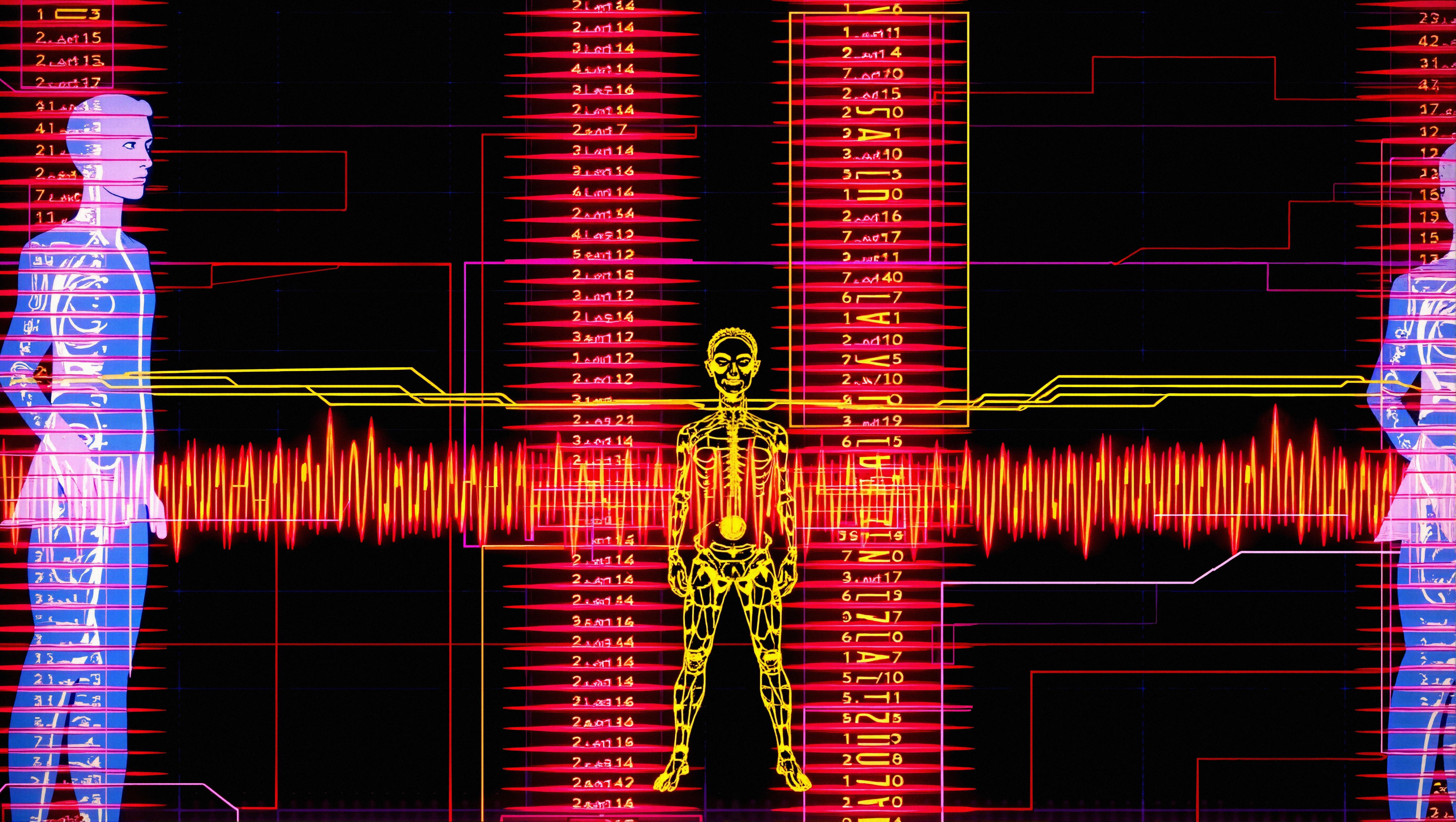 A digital depiction of a futuristic human interface with neon colors and waveforms.