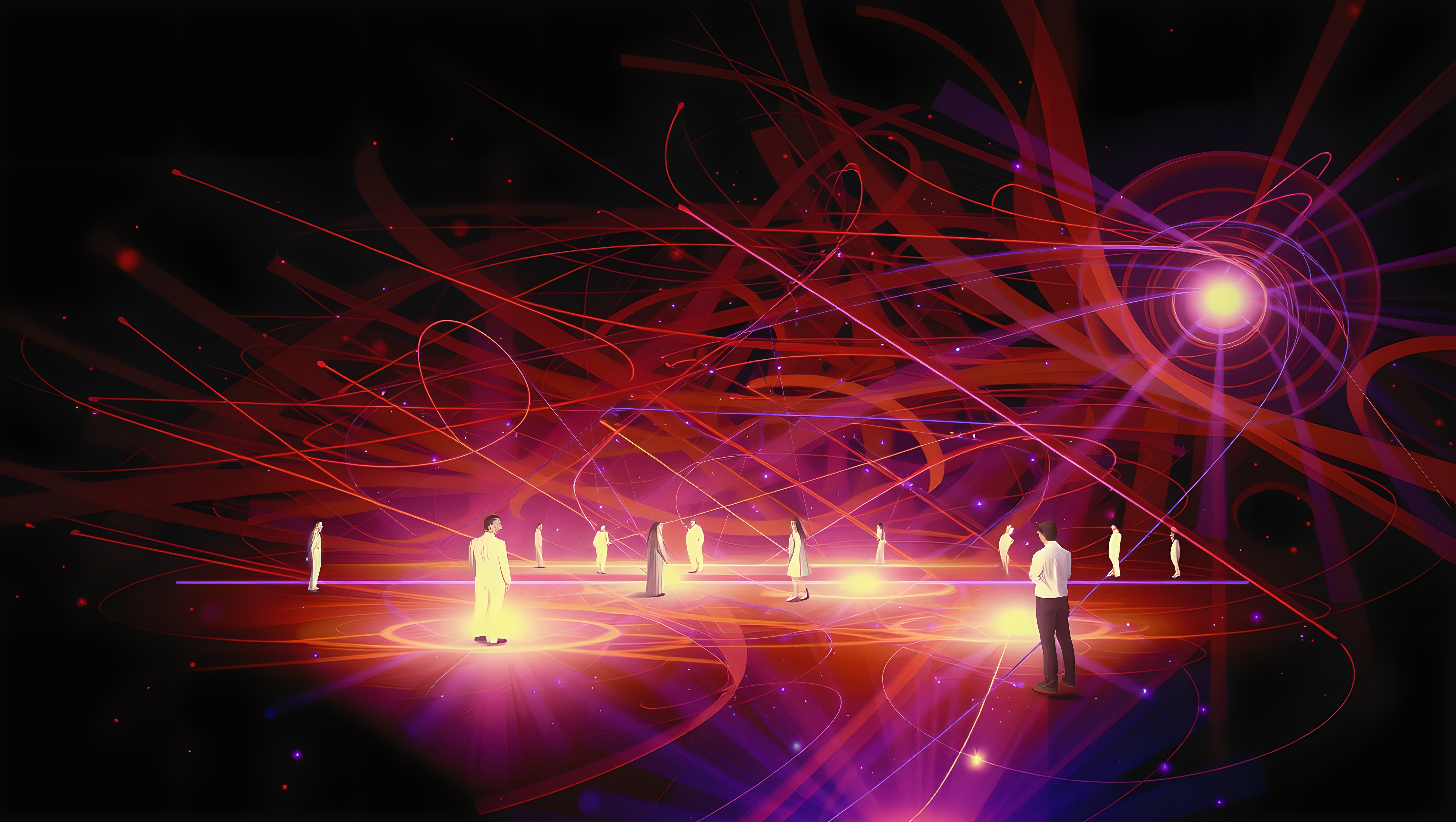 Abstract digital artwork depicting figures amidst vibrant glowing lines, suggesting futuristic connectivity and communication themes.