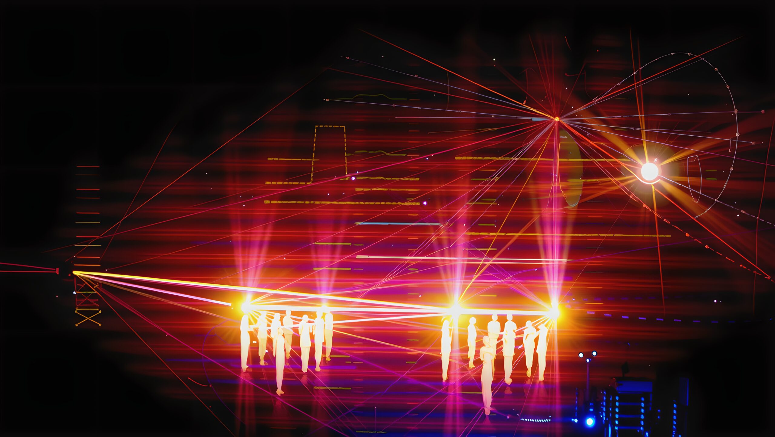Futuristic scene with silhouettes and light beams, abstract digital elements.