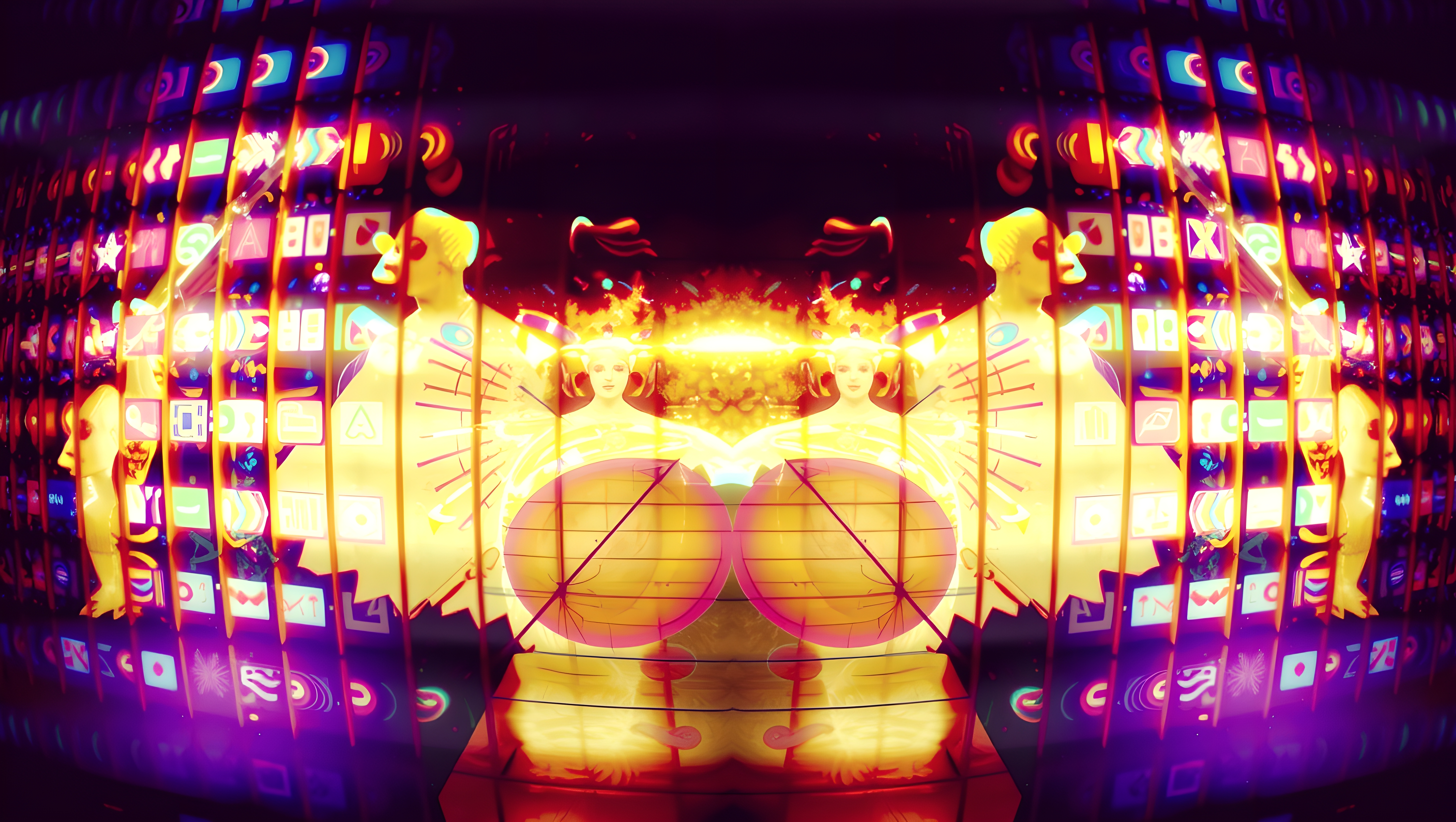 A vibrant digital display with neon symbols and symmetrical abstract designs featuring glowing humanoid figures.