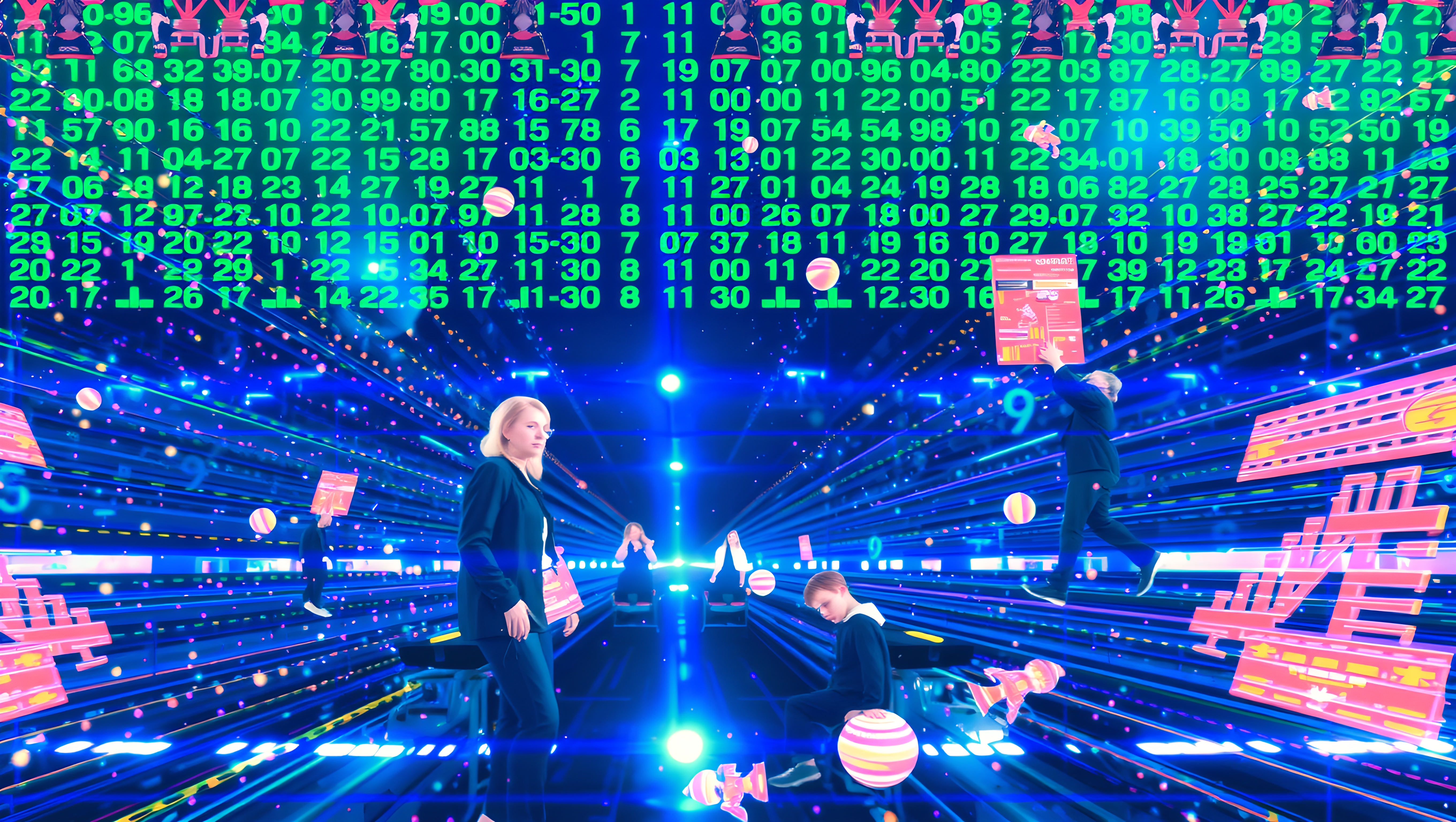 A digital realm with glowing numbers, interacting figures, and vibrant neon elements.