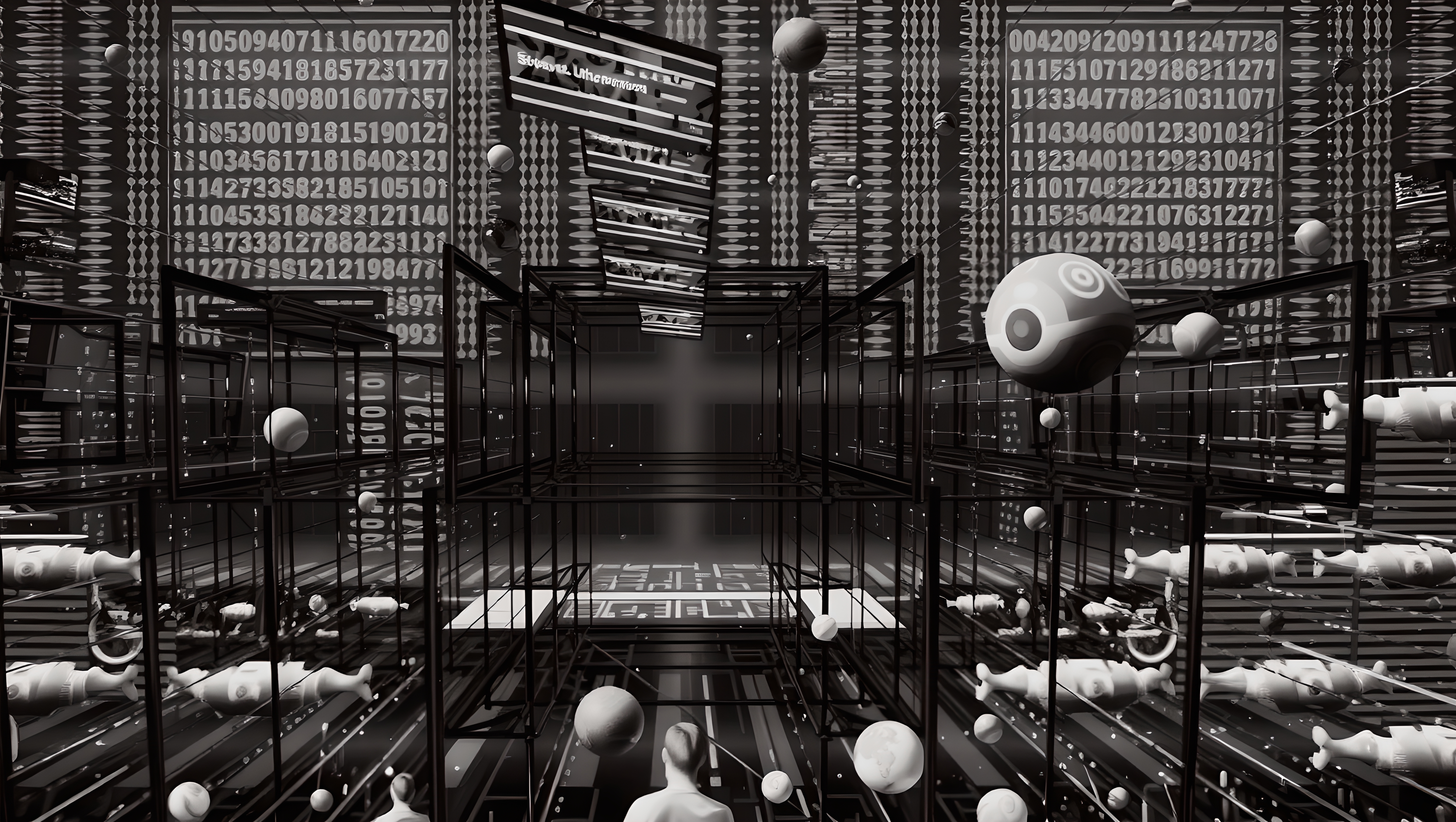 A digital artwork featuring a 3D futuristic matrix with floating spheres and cascading numbers.