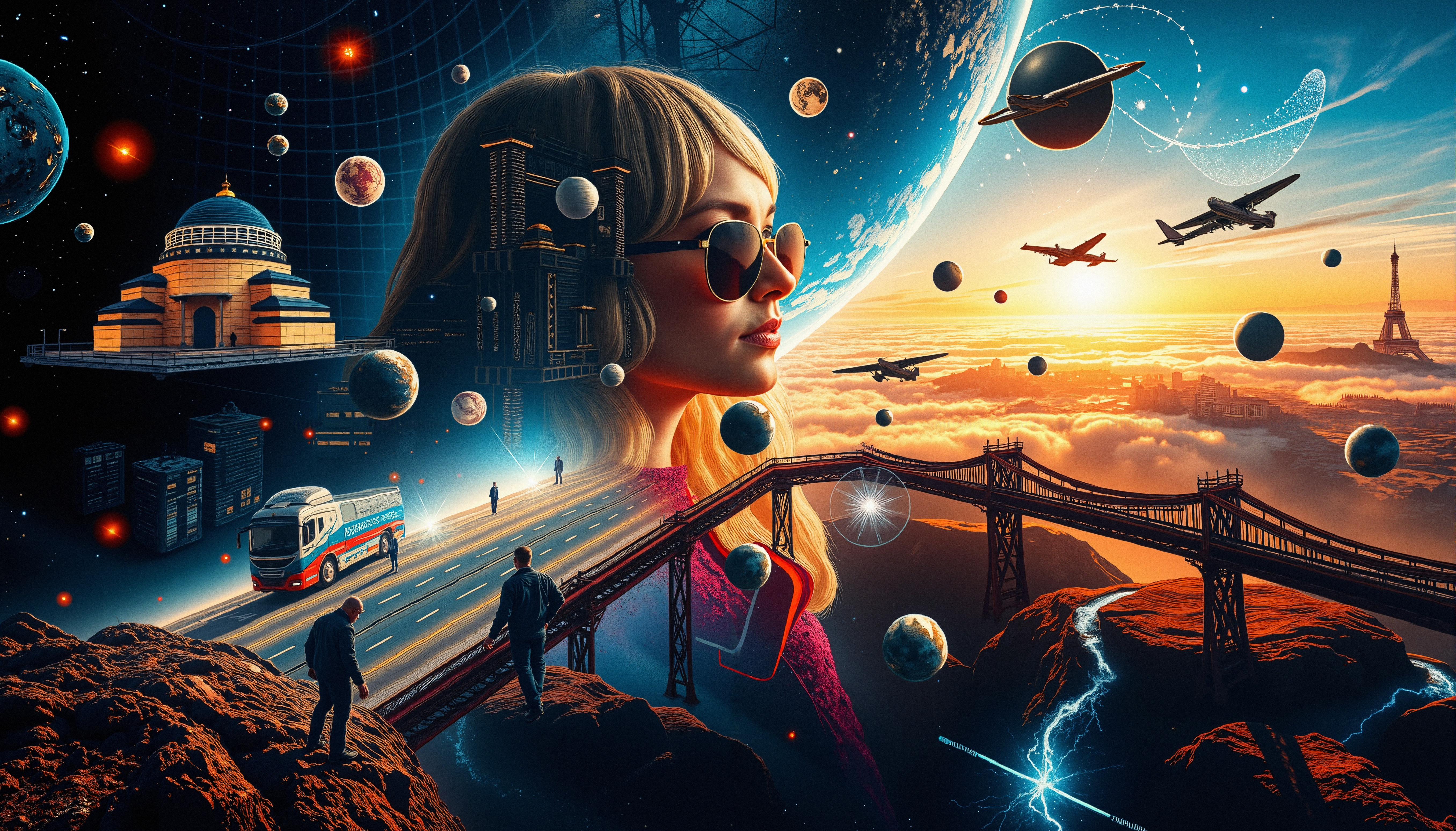 A surreal scene blending space and earthly elements with a woman's profile and cosmic background, featuring planets, bridges, and architecture.