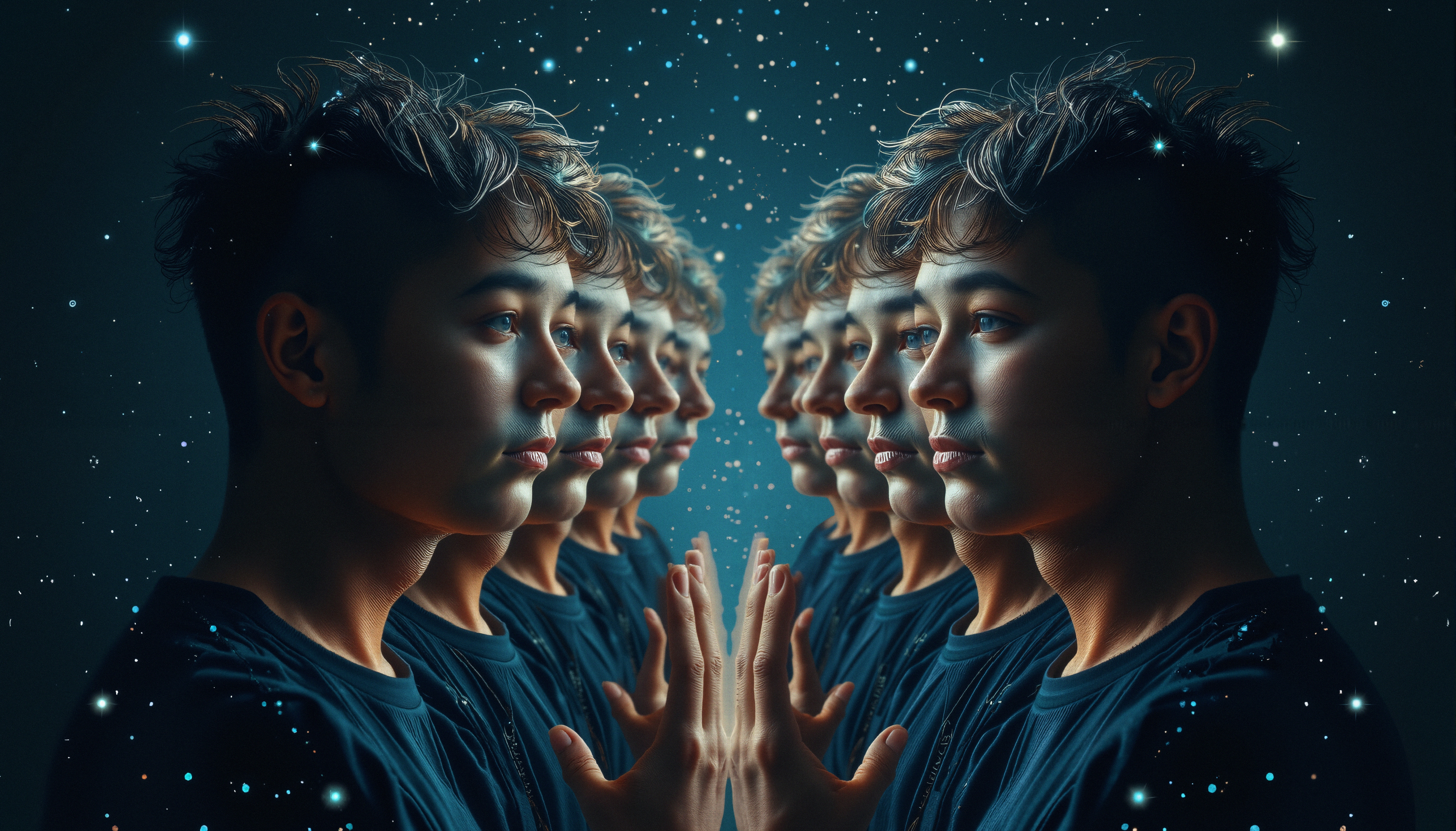 A surreal image of a young person reflected in multiple cosmic star-filled backgrounds.