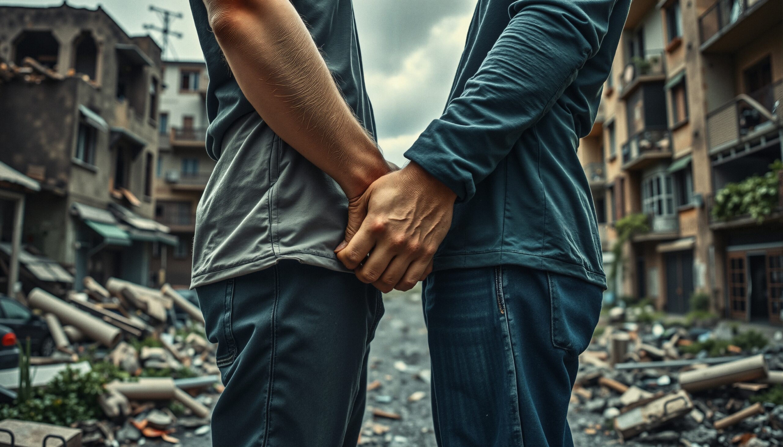 Two people holding hands amidst rubble.