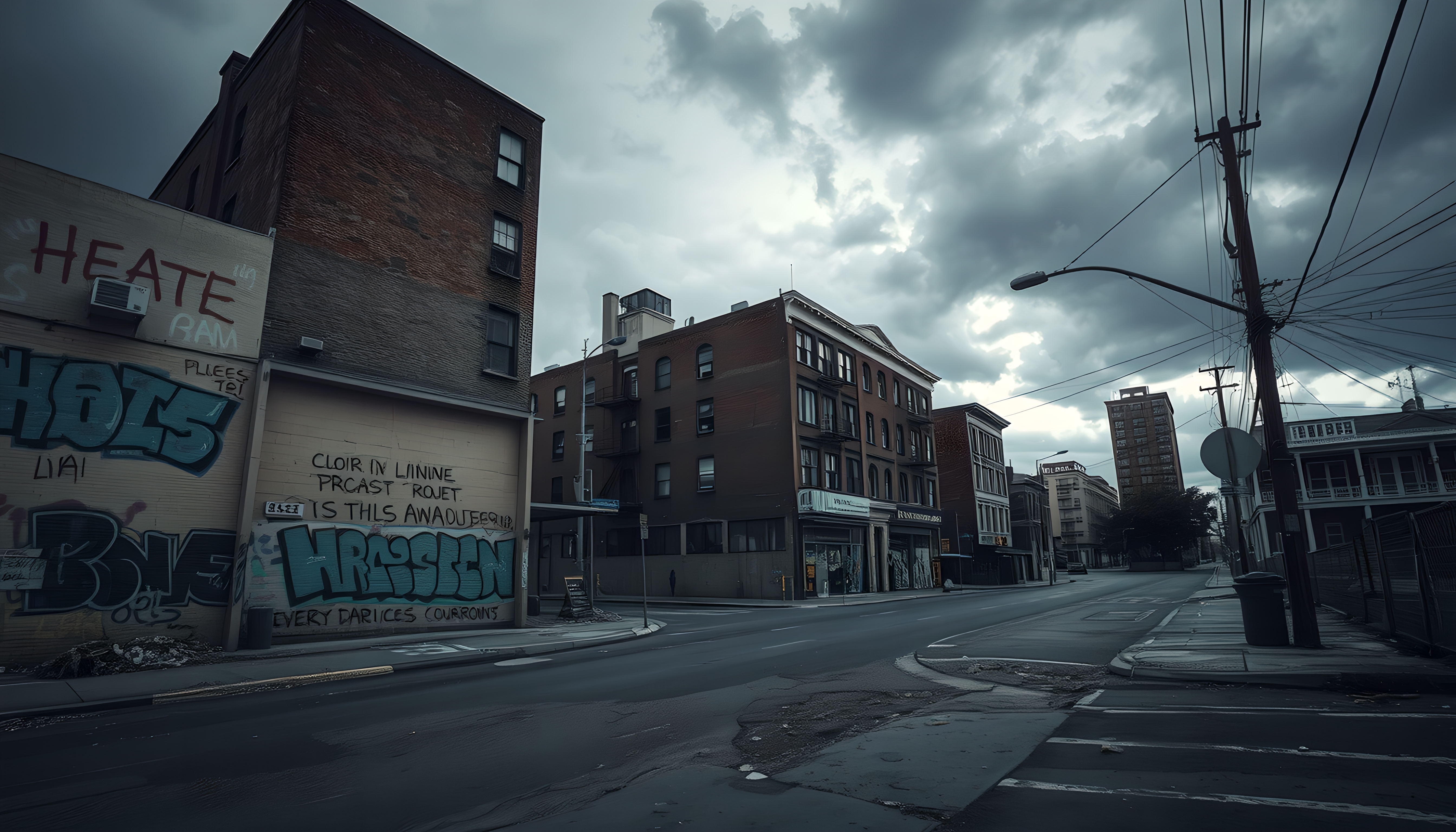 Abandoned urban street with graffiti-covered buildings under cloudy sky.