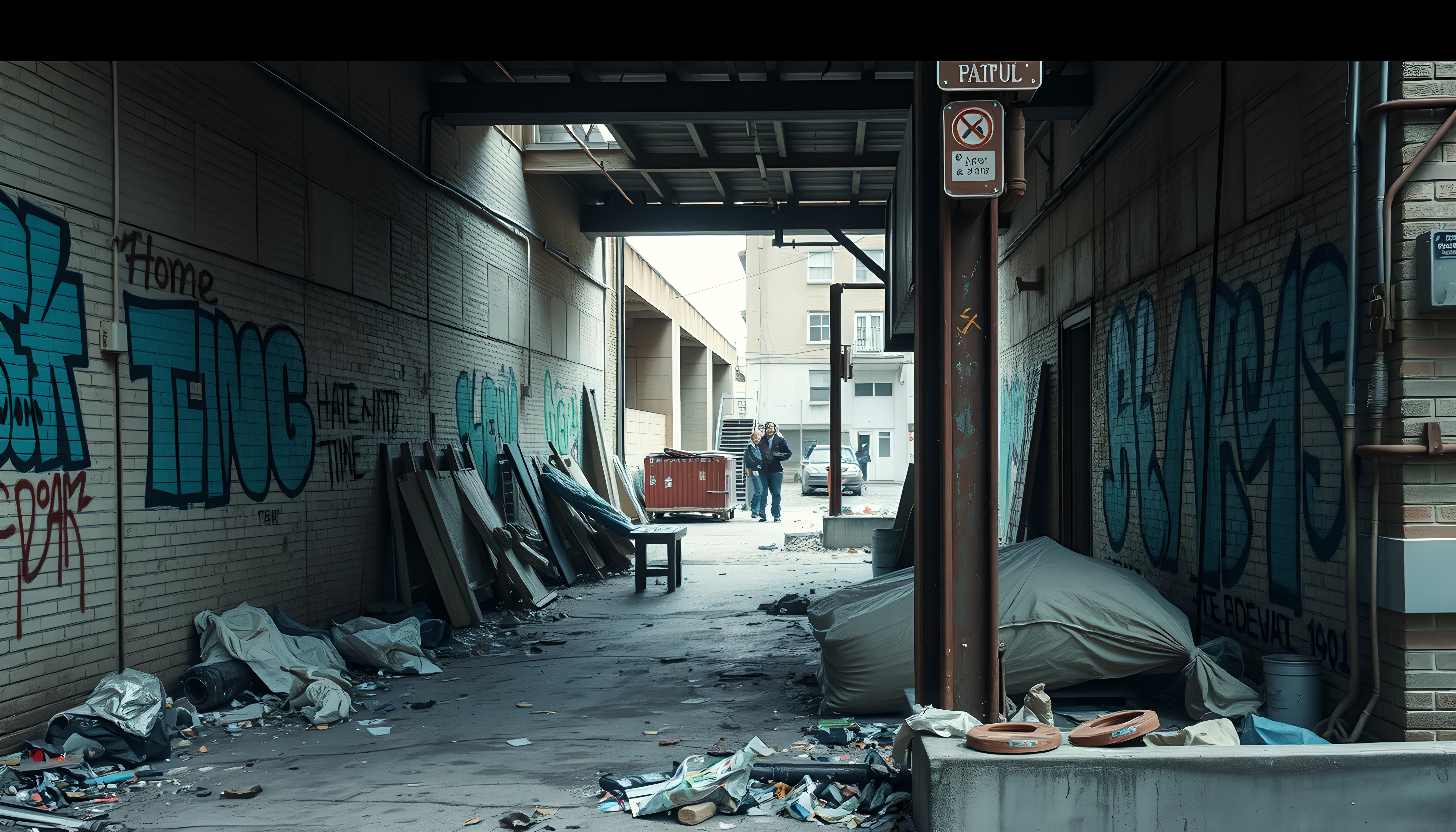 A narrow alley littered with debris, flanked by graffiti, where two figures advance toward the viewer under an overhead structure suggesting urban decay and neglect.