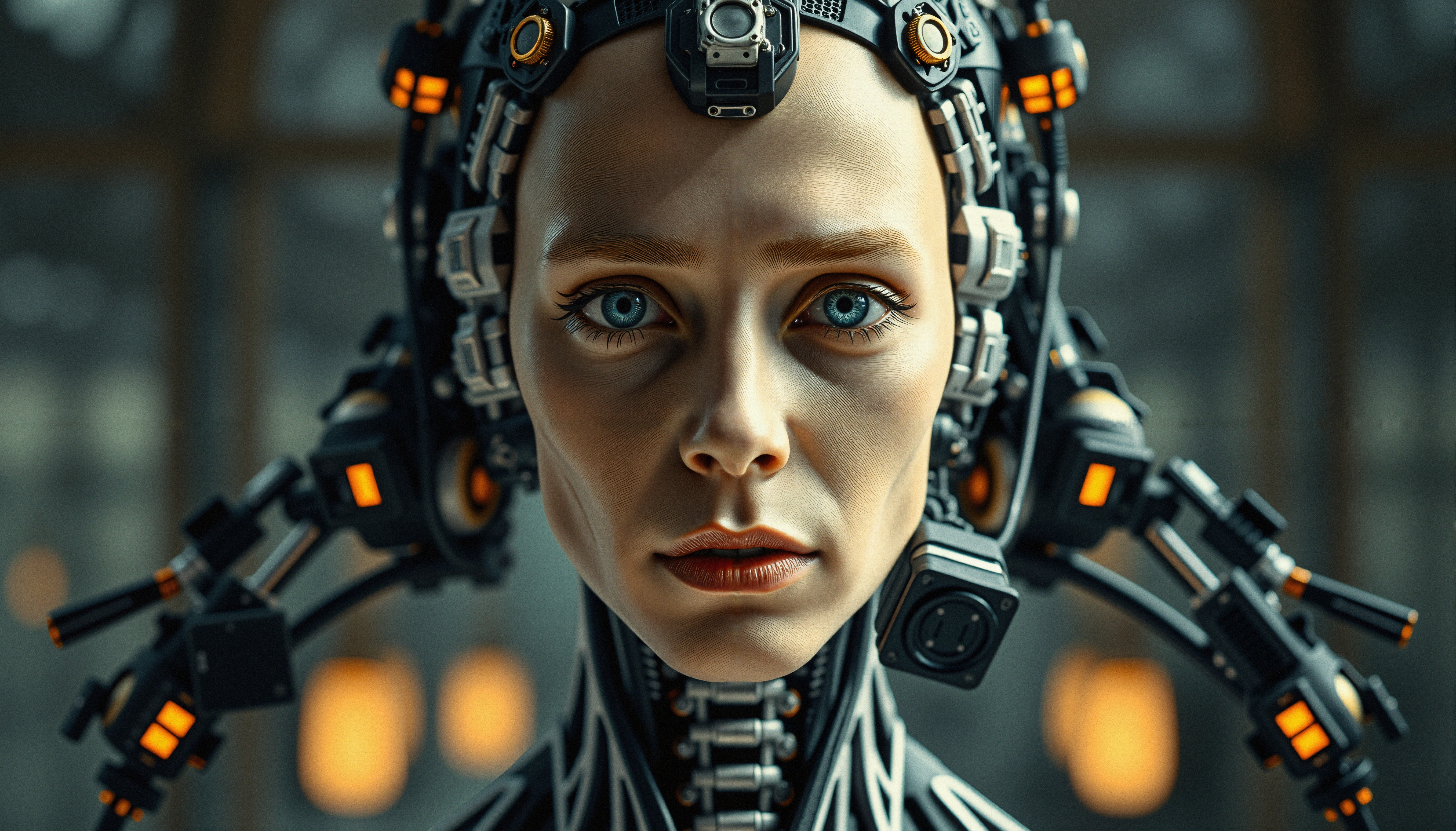 A futuristic humanoid with a mechanized head and glowing orange lights, showcasing advanced robotics and cybernetic aesthetics.