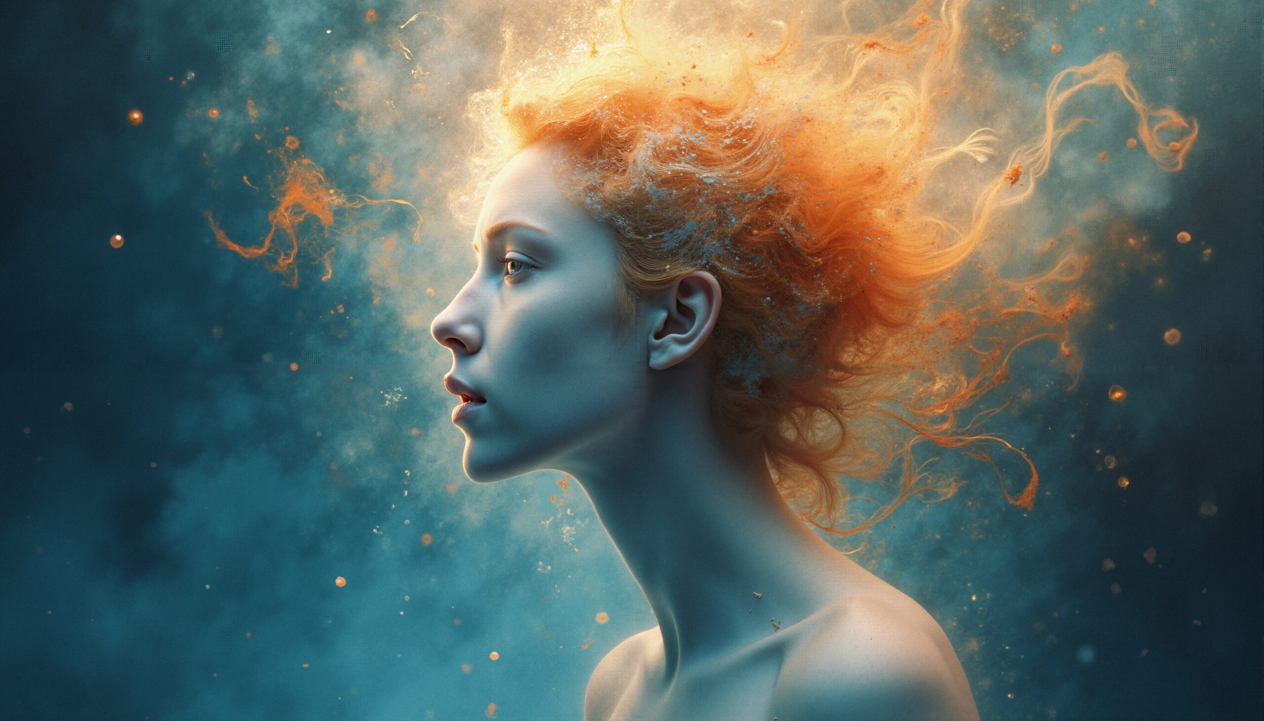 A surreal portrait of a woman with fiery hair blending into cosmic clouds in an ethereal setting.
