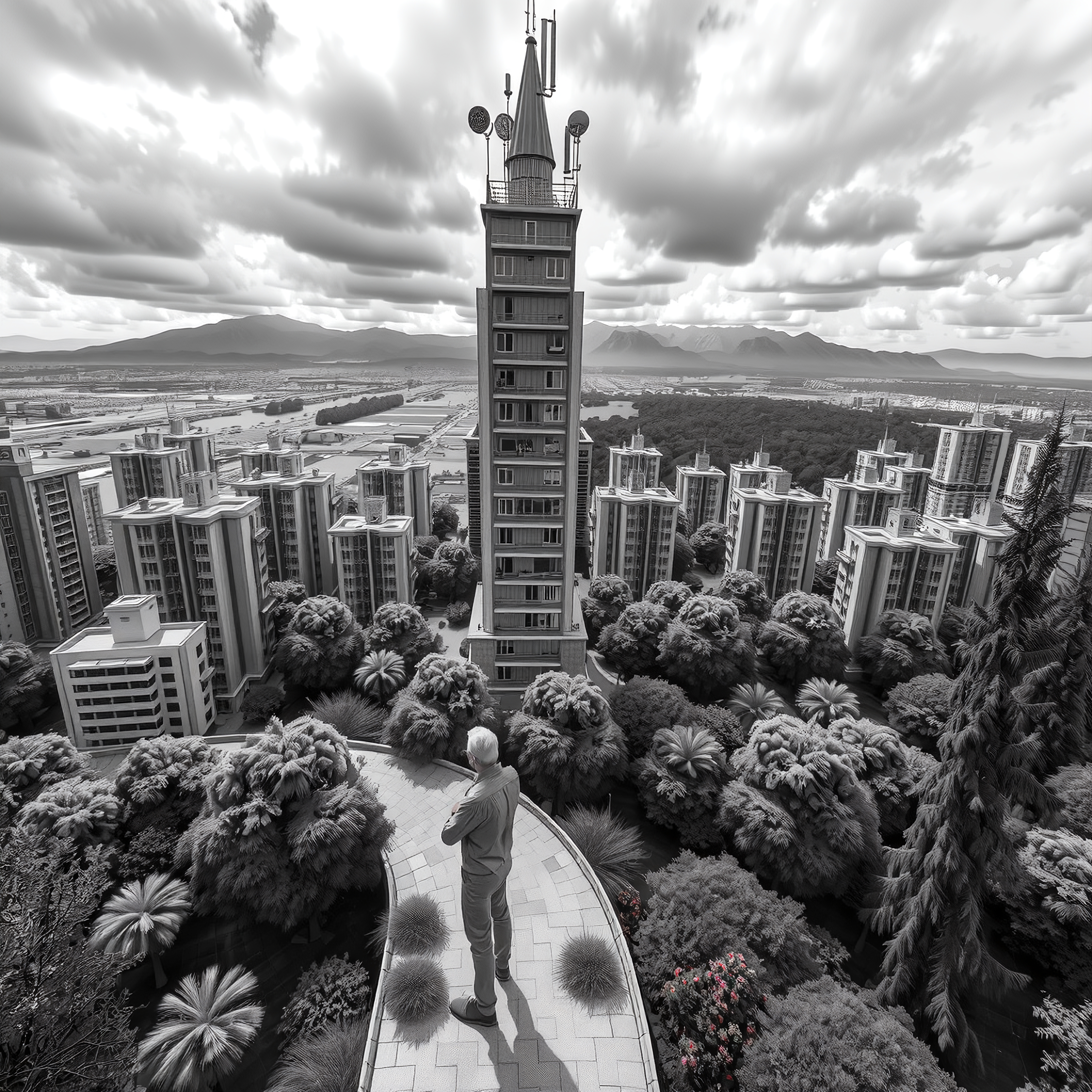 Panoramic cityscape with urban architecture and nature.